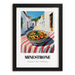 Minestrone – White village Street Café Scene, Italian Food Art, in sleek black frame