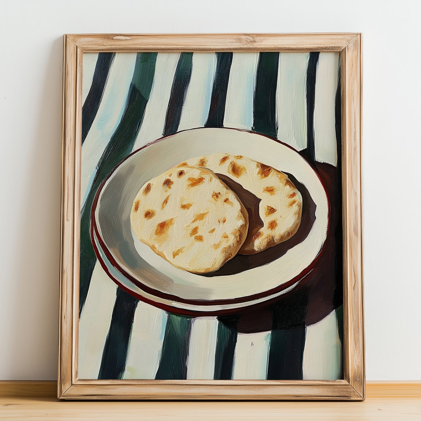 Pita Bread – on Striped Tablecloth, Greek Food Painting, no-text version framed in wood