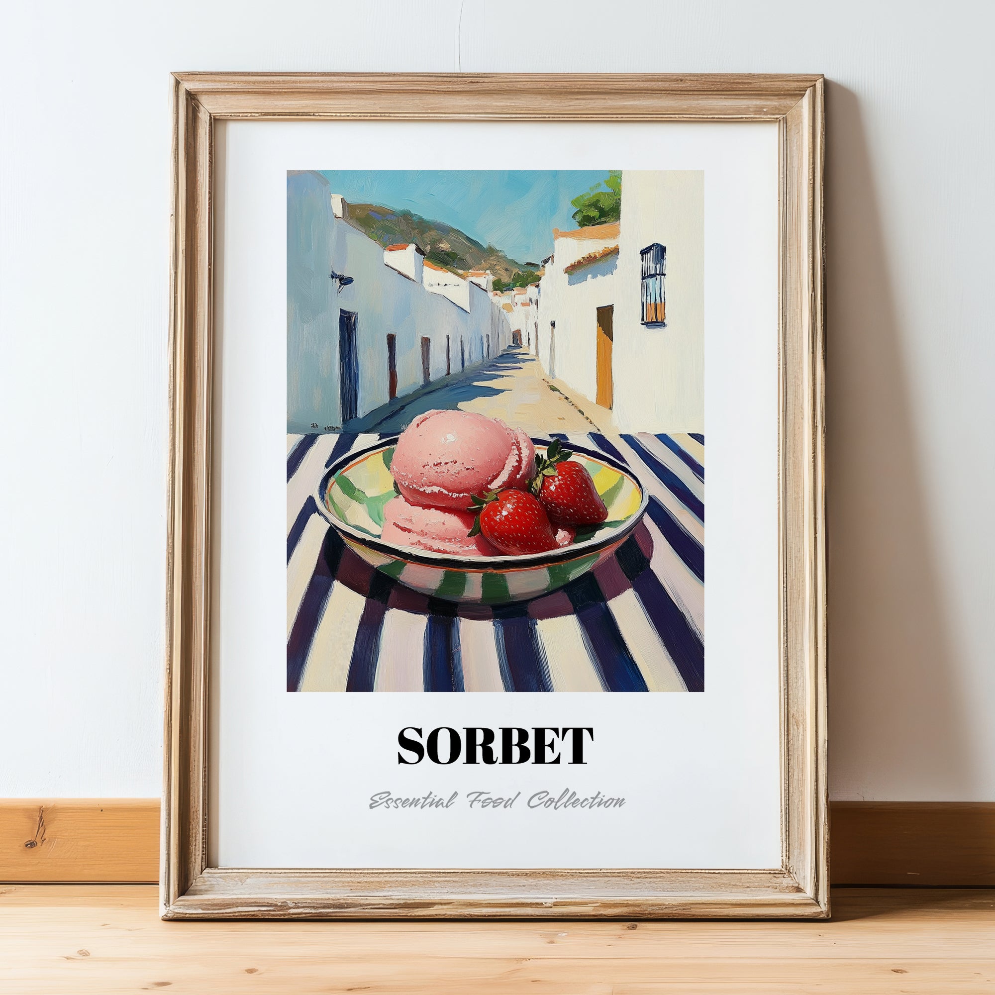 Sorbet – White village Urban Café Scene, French Ice Cream Illustration, in wooden frame leaning on the floor