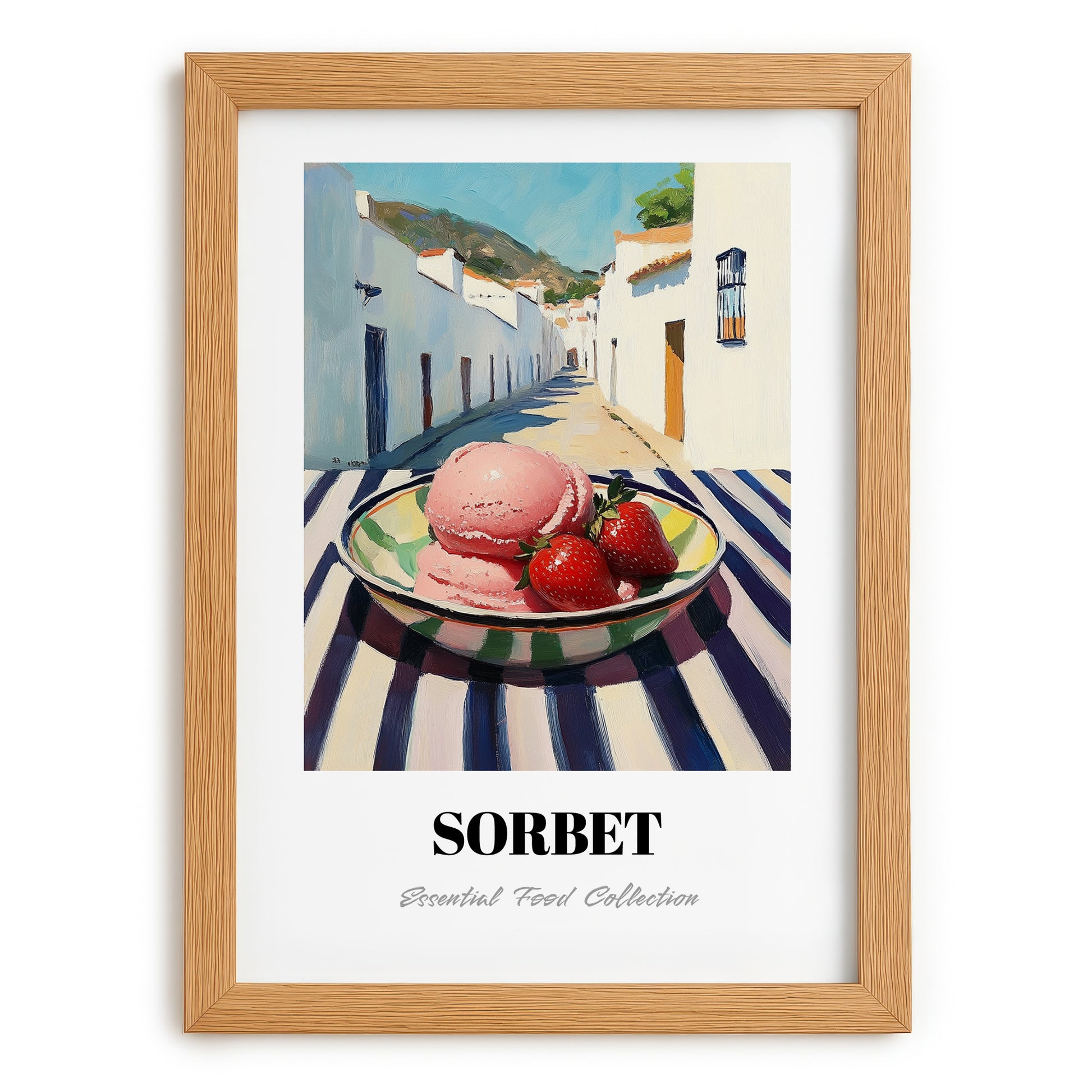 Sorbet – White village Urban Café Scene, French Ice Cream Illustration, set in oak frame