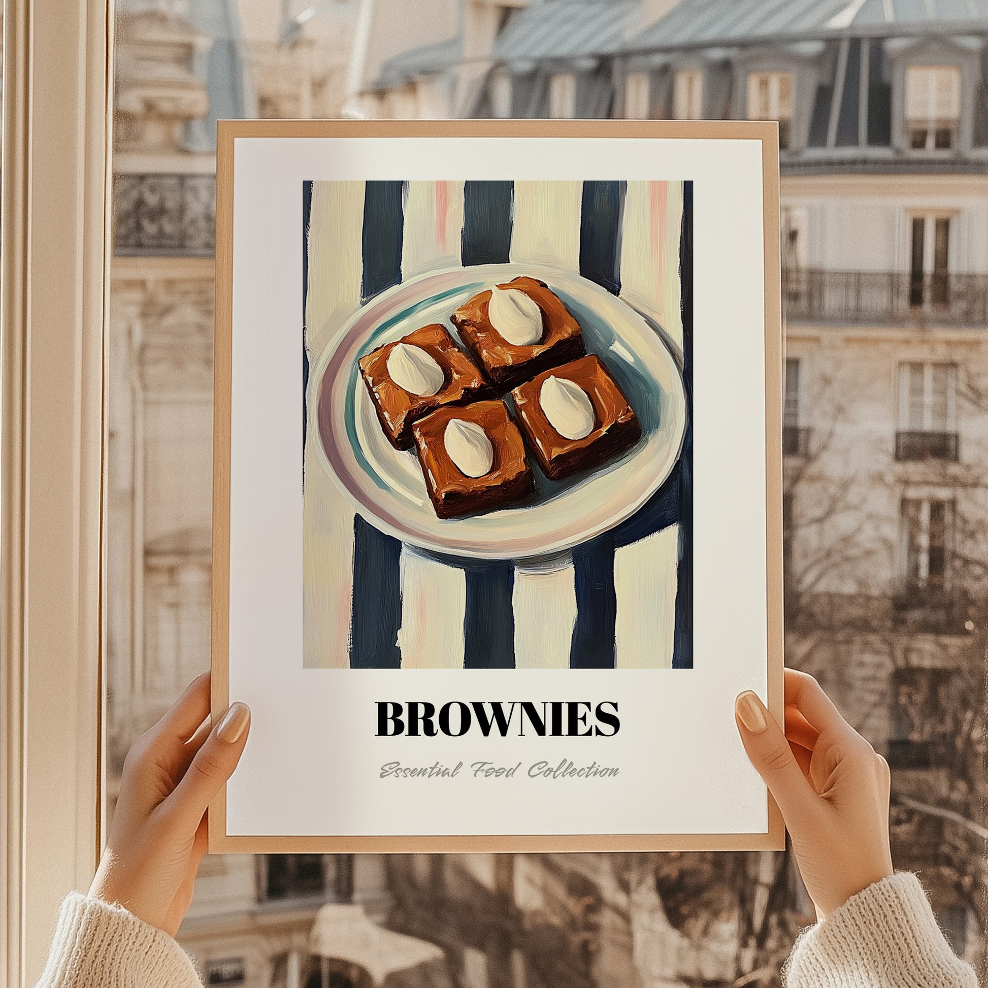 Brownies – on Striped Tablecloth, American Dessert Illustration, styled in a charming Paris street view
