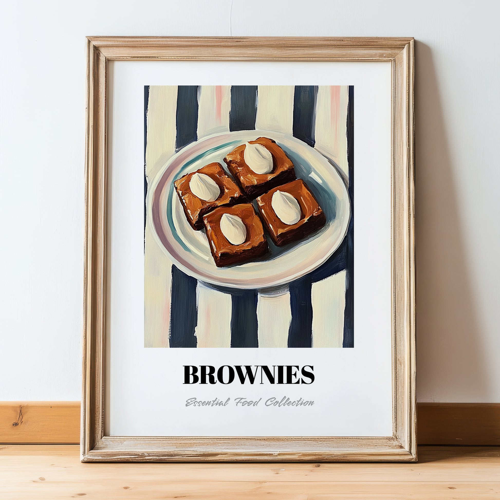 Brownies – on Striped Tablecloth, American Dessert Illustration, in wooden frame leaning on the floor