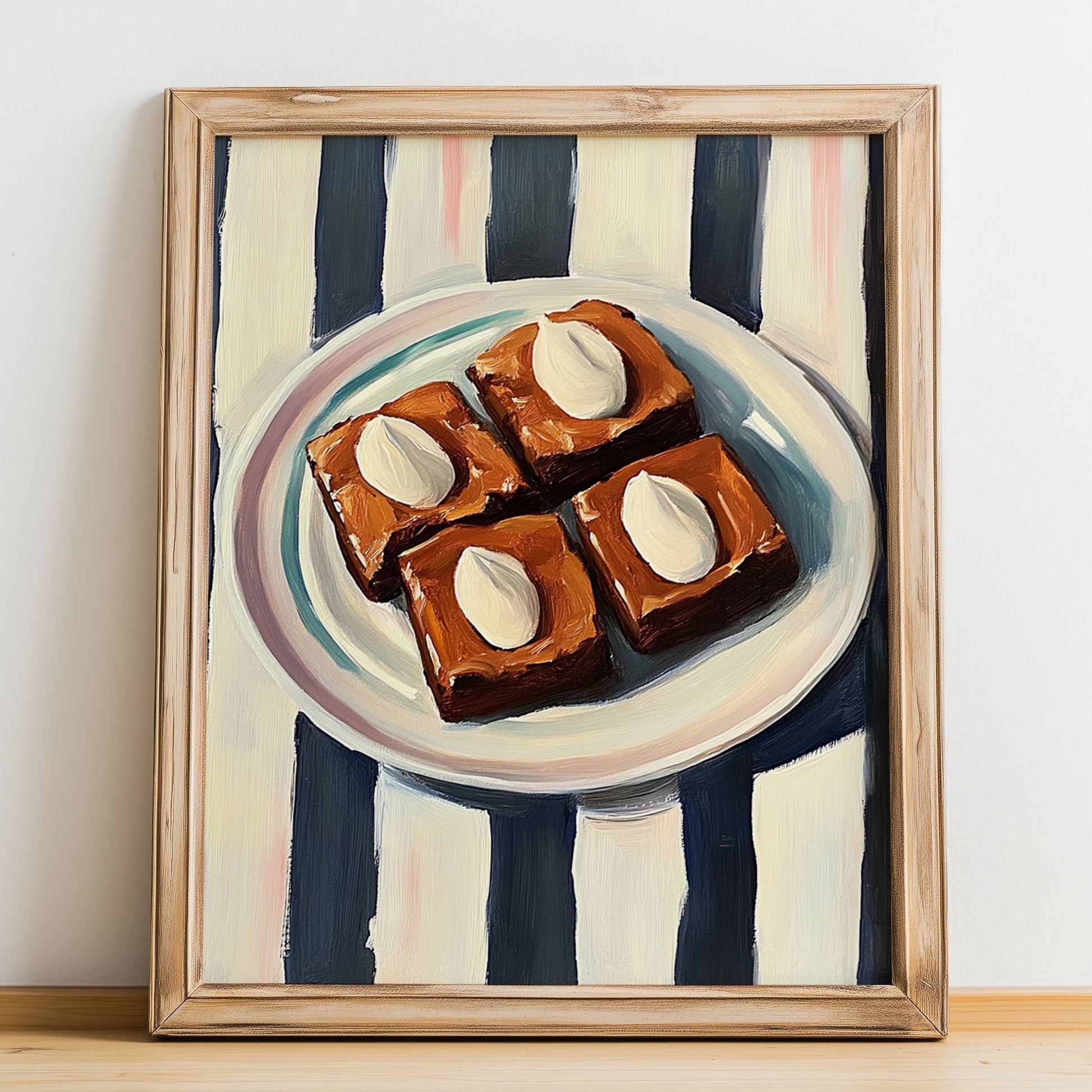 Brownies – on Striped Tablecloth, American Dessert Illustration, no-text version framed in wood