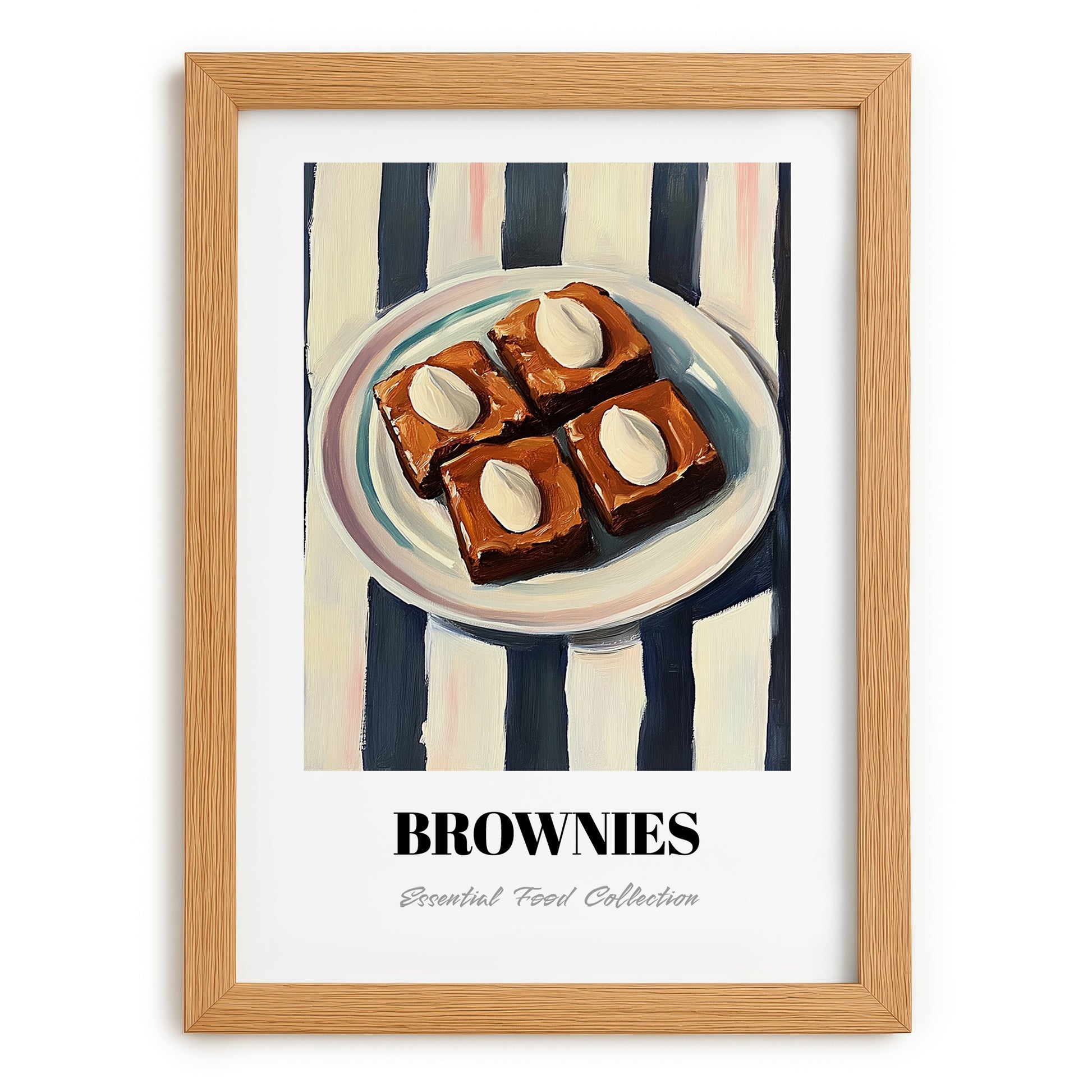Brownies – on Striped Tablecloth, American Dessert Illustration, set in oak frame