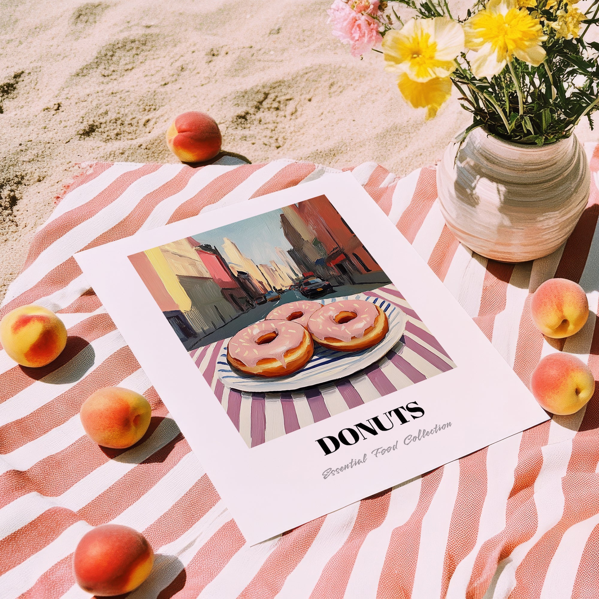 Donuts – New York Street Café Scene, American Pastry Print, unframed on coastal sand