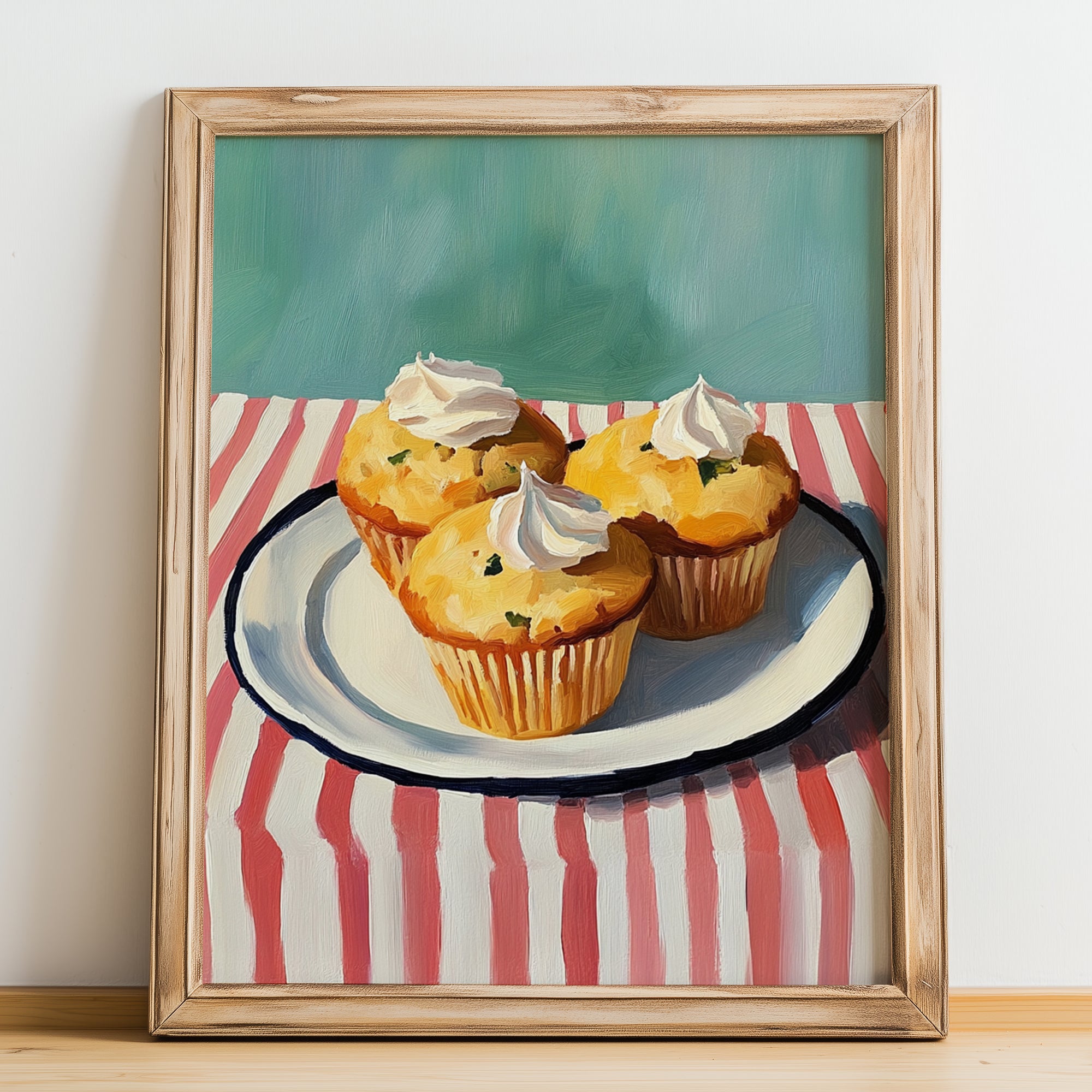 Muffins – on Striped Tablecloth, American Pastry Painting, no-text version framed in wood