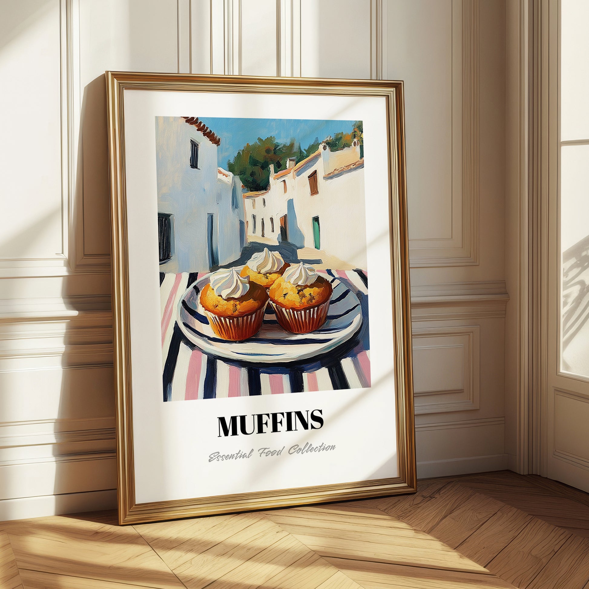 Muffins – White village Street Café Scene, American Pastry Print 