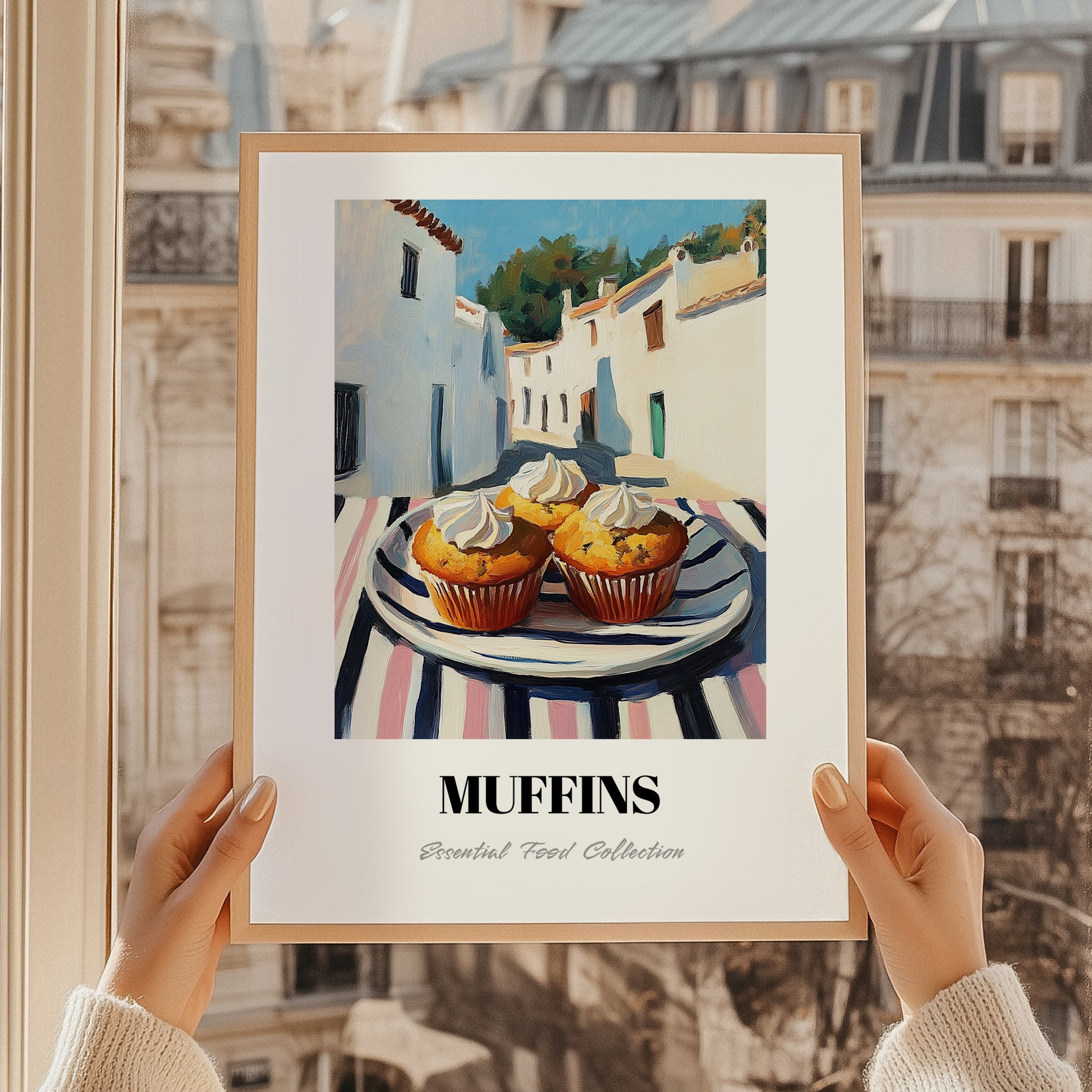 Muffins – White village Street Café Scene, American Pastry Print, styled in a charming Paris street view