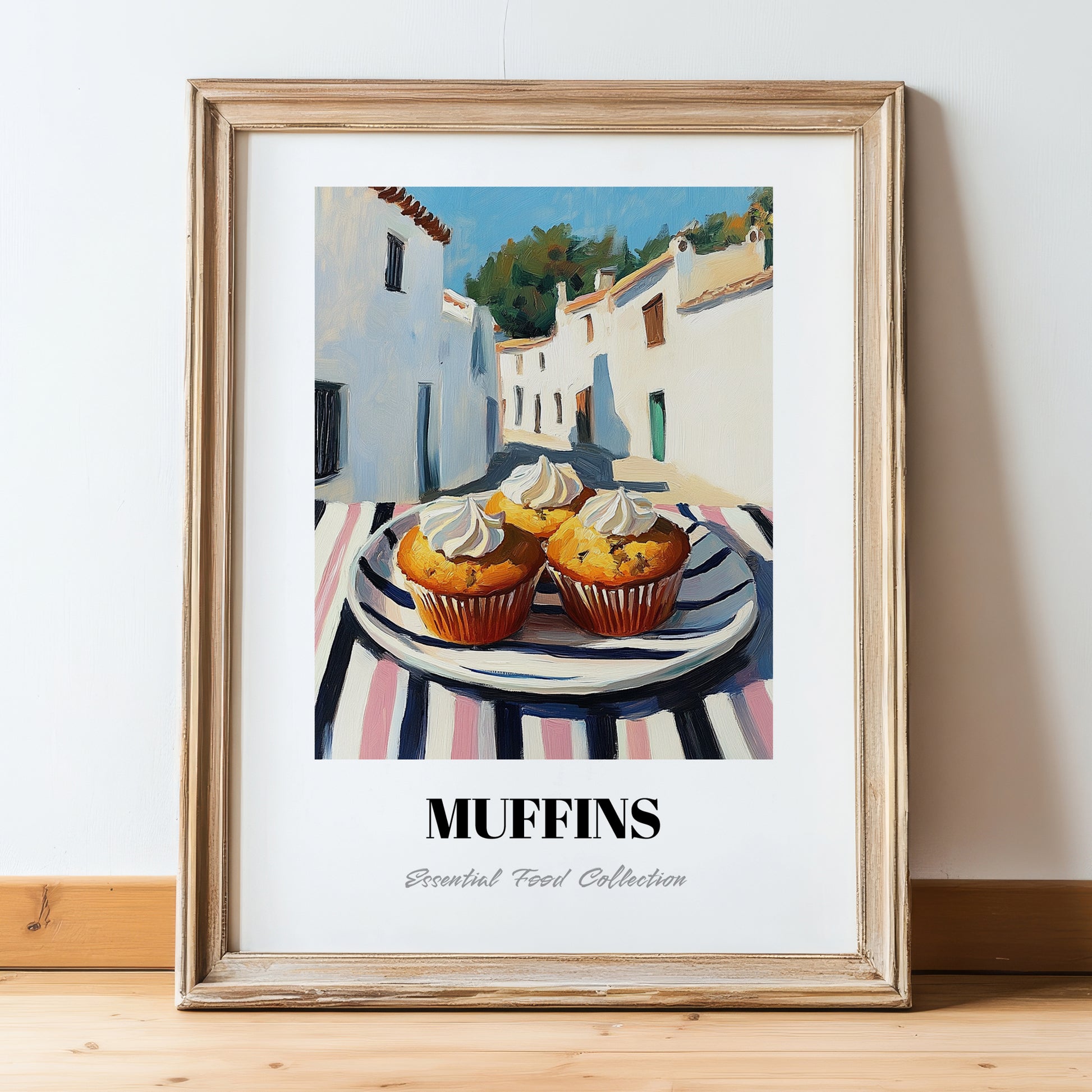 Muffins – White village Street Café Scene, American Pastry Print, in wooden frame leaning on the floor