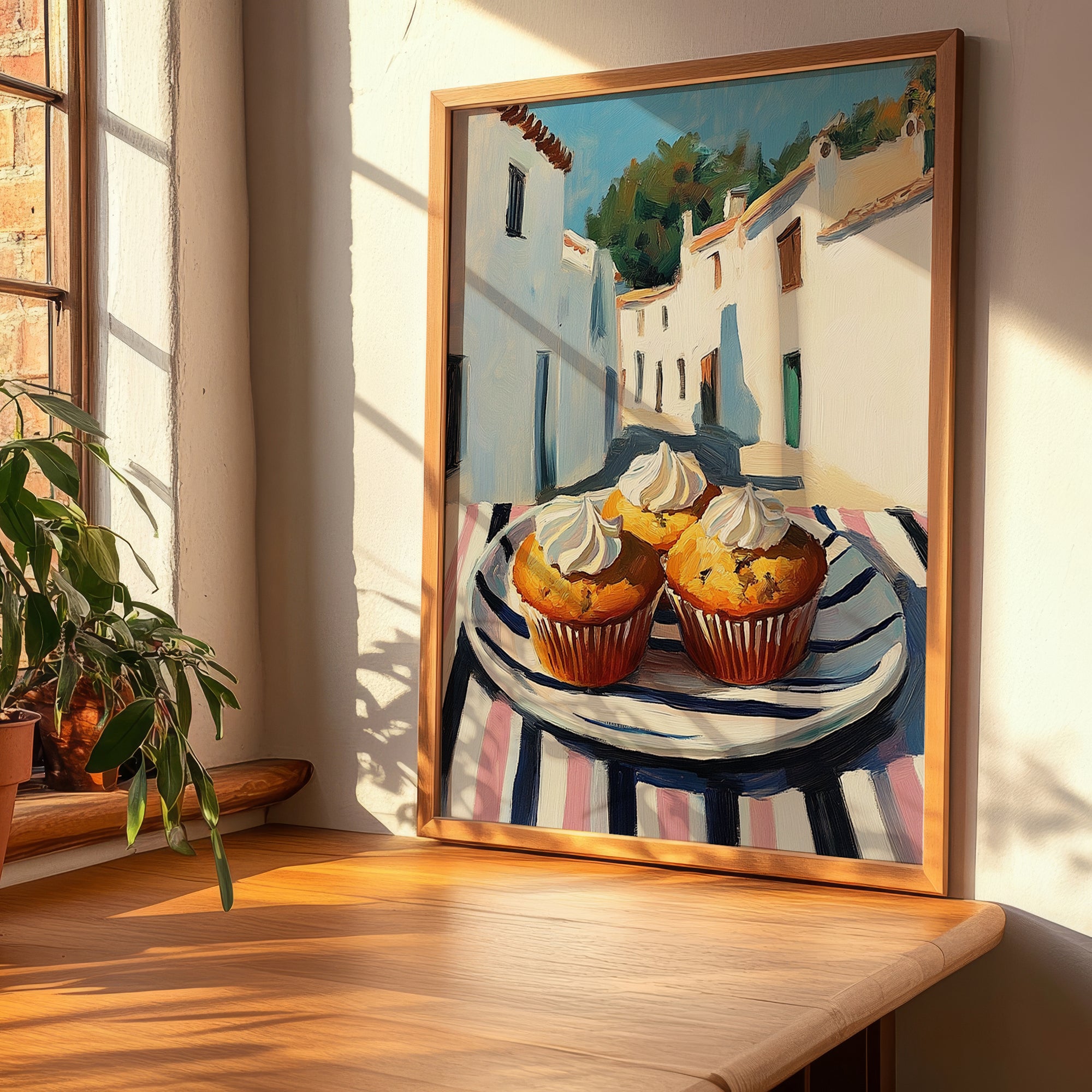Muffins – White village Street Café Scene, American Pastry Print, clean layout with no caption