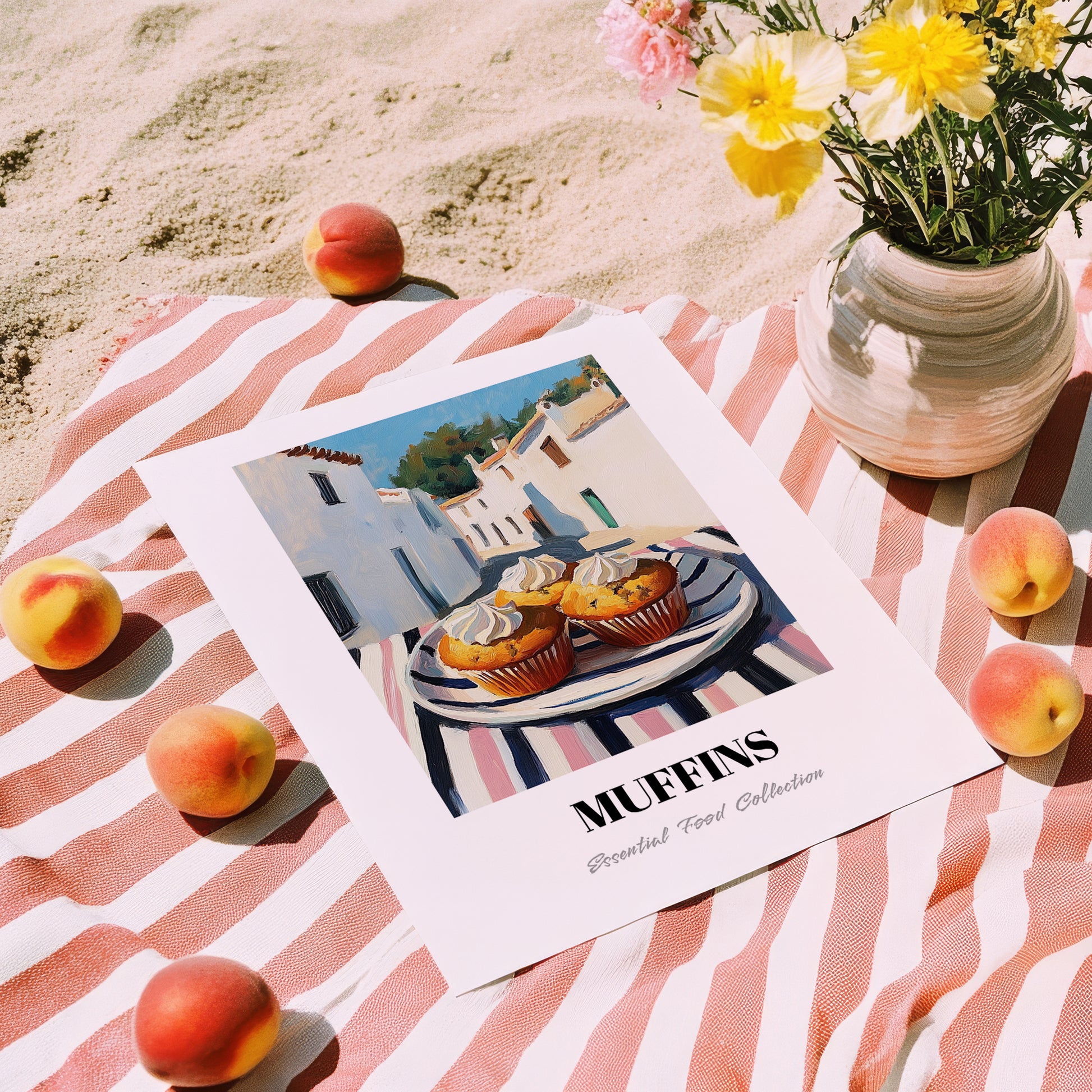Muffins – White village Street Café Scene, American Pastry Print, unframed on coastal sand