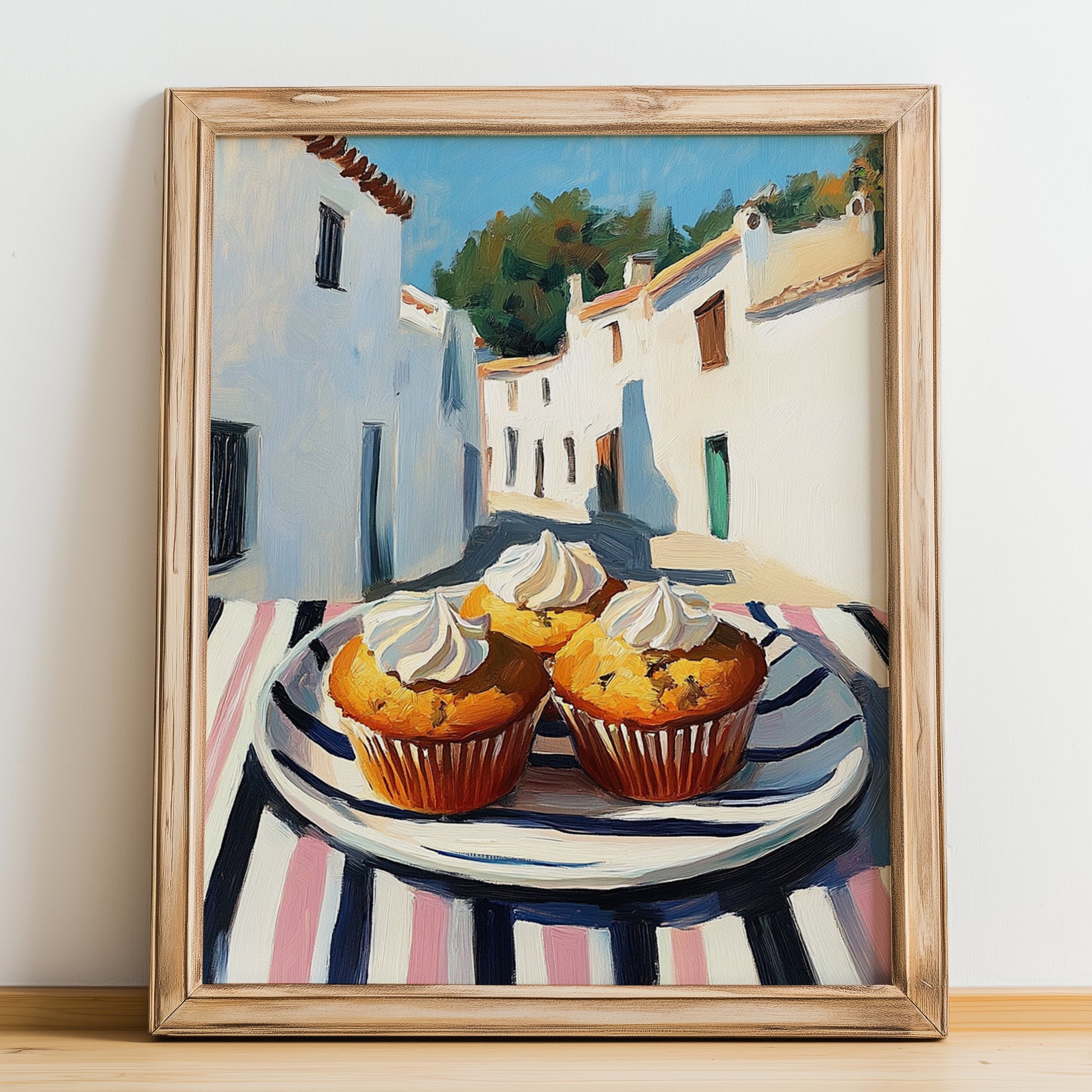 Muffins – White village Street Café Scene, American Pastry Print, no-text version framed in wood