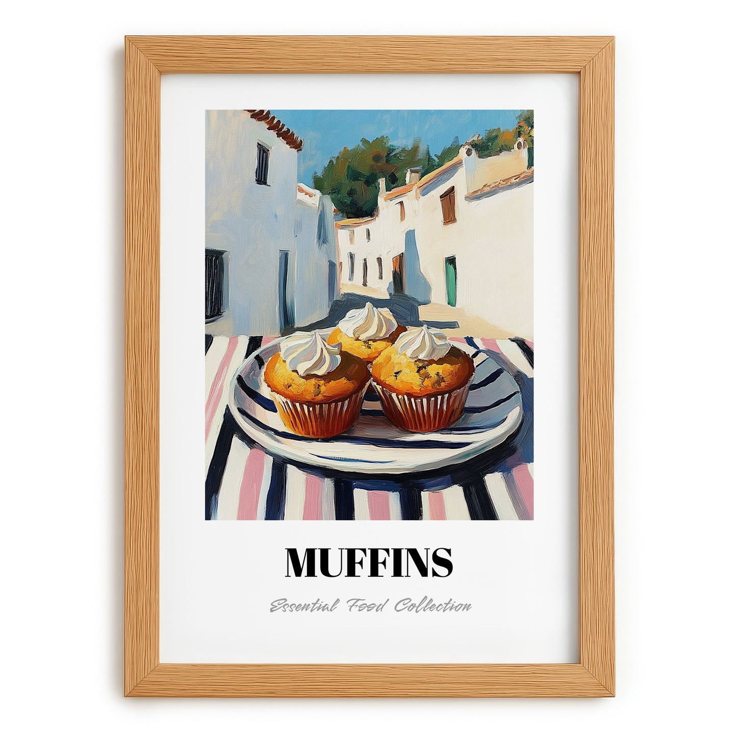 Muffins – White village Street Café Scene, American Pastry Print, set in oak frame