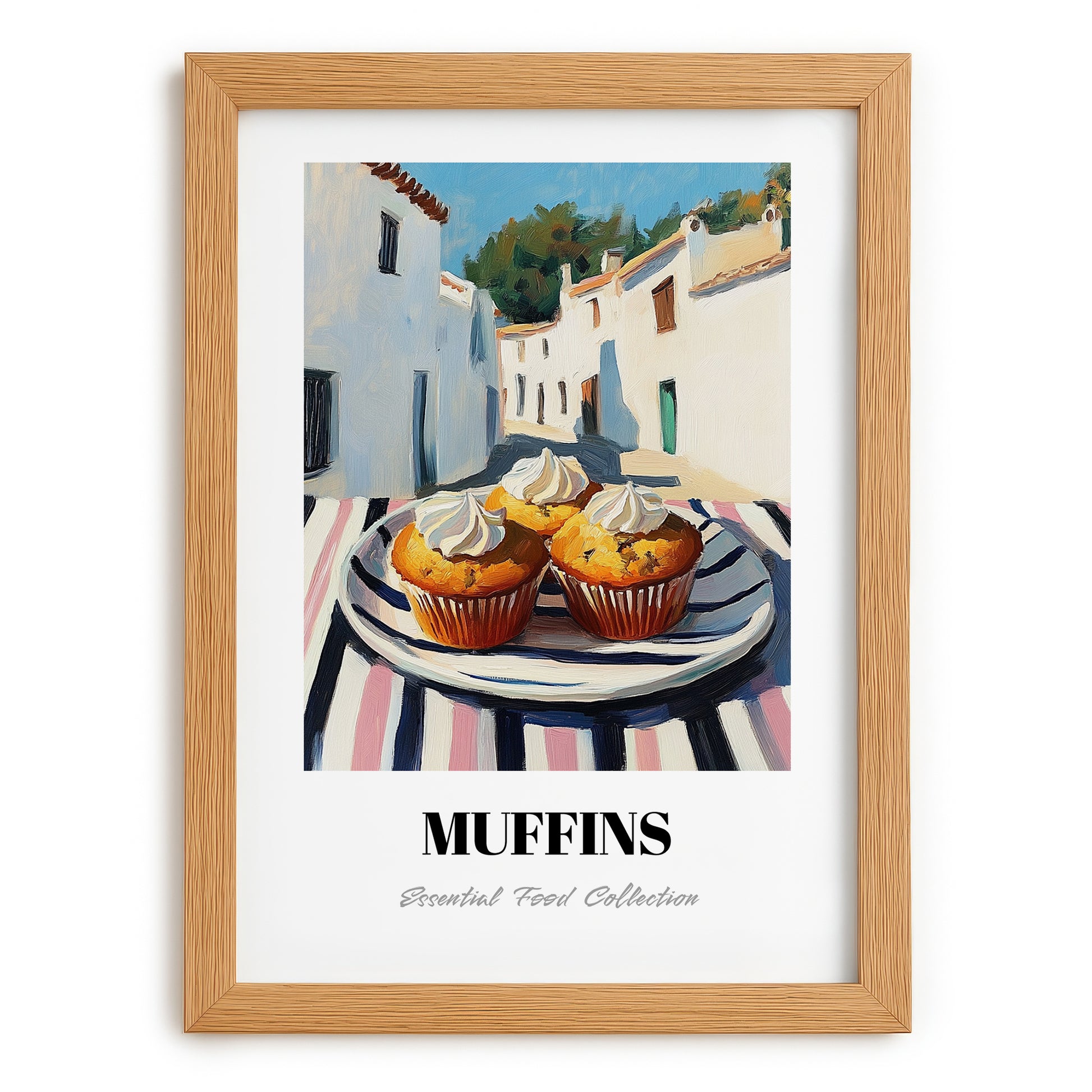 Muffins – White village Street Café Scene, American Pastry Print, set in oak frame