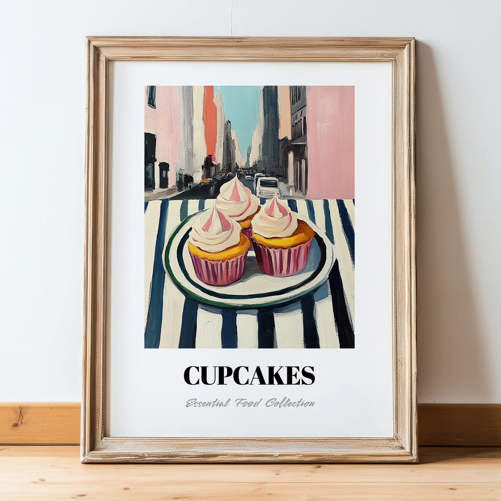 Cupcakes – New York Outdoor Café Scene, American Dessert Still Life, in wooden frame leaning on the floor