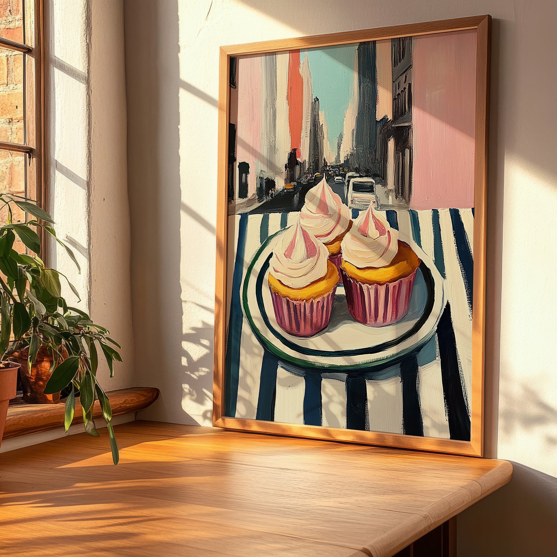 Cupcakes – New York Outdoor Café Scene, American Dessert Still Life, clean layout with no caption