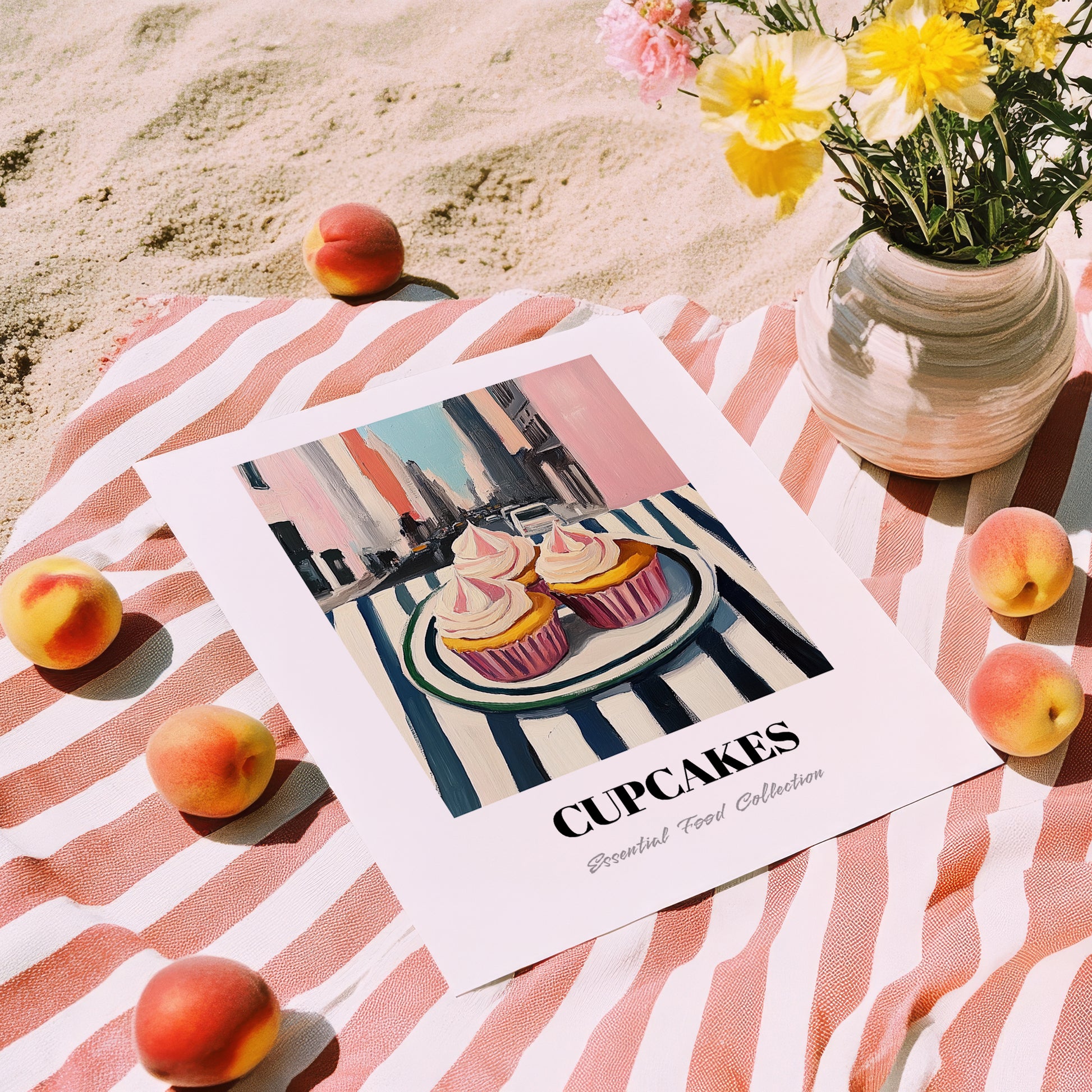 Cupcakes – New York Outdoor Café Scene, American Dessert Still Life, unframed on coastal sand