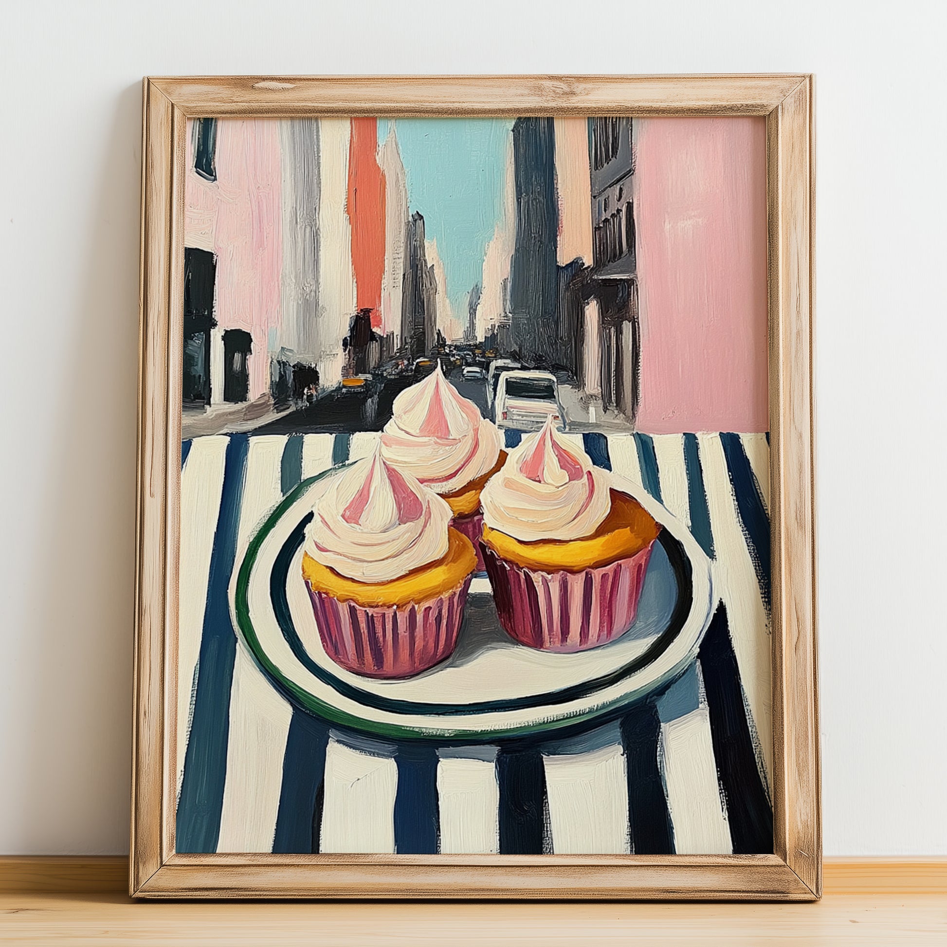 Cupcakes – New York Outdoor Café Scene, American Dessert Still Life, no-text version framed in wood