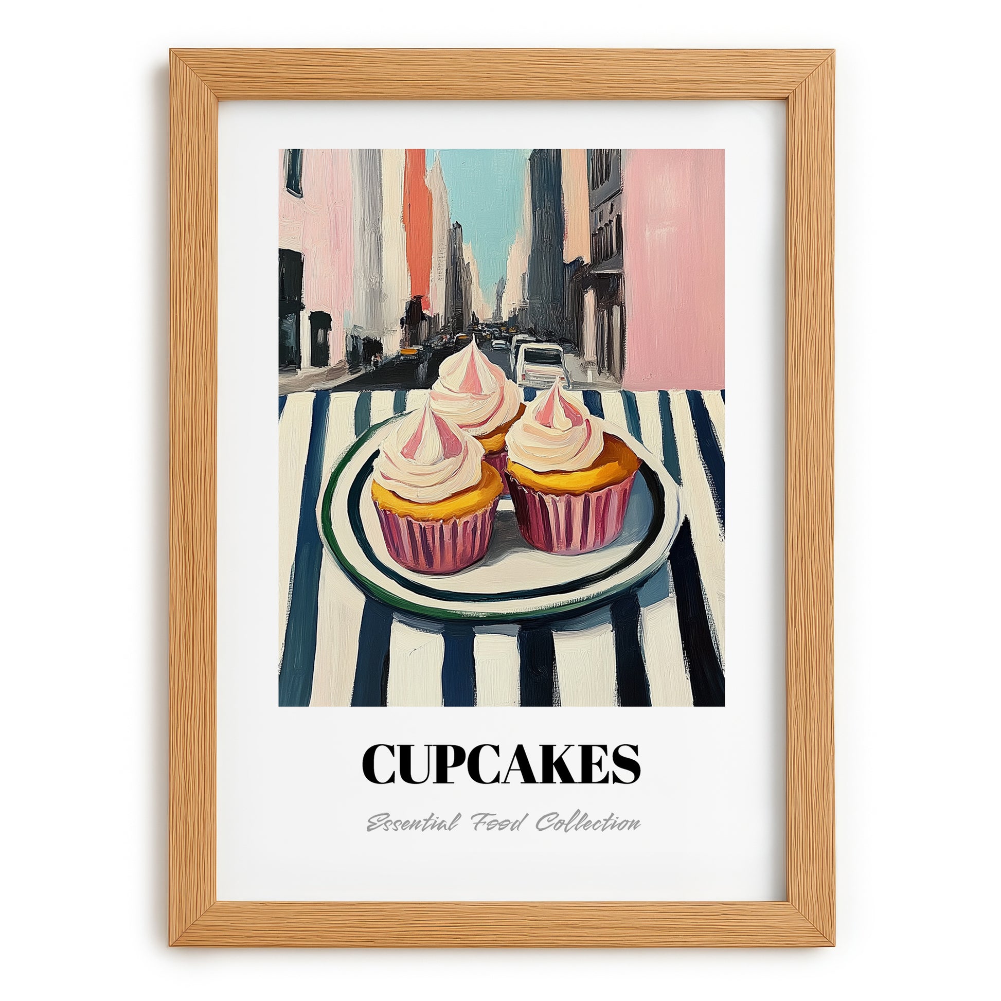 Cupcakes – New York Outdoor Café Scene, American Dessert Still Life, set in oak frame
