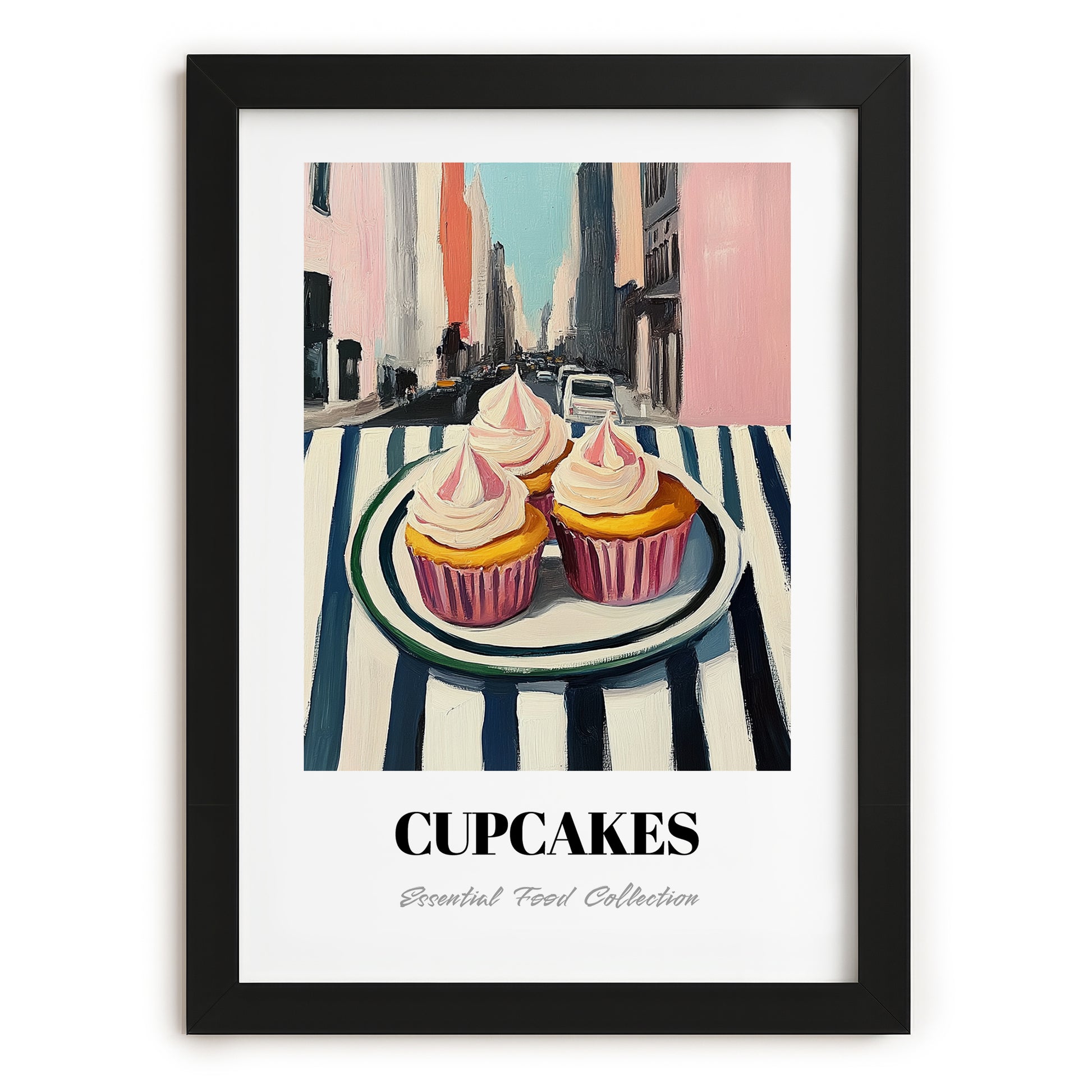 Cupcakes – New York Outdoor Café Scene, American Dessert Still Life, in sleek black frame
