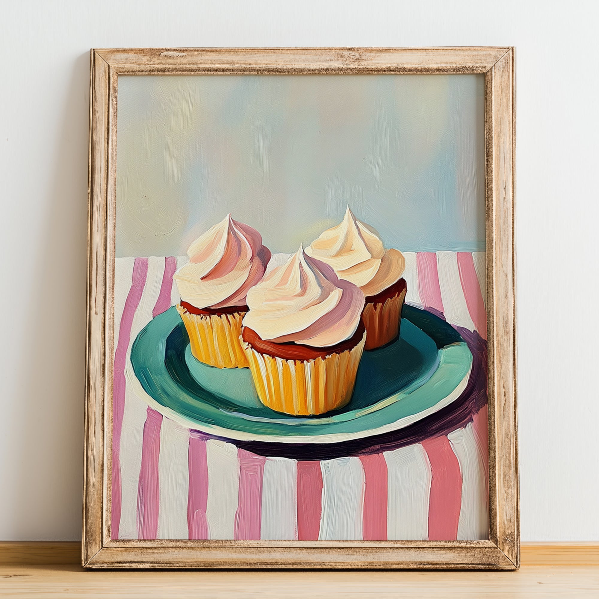 Cupcakes – on Striped Tablecloth, American Dessert Still Life, no-text version framed in wood