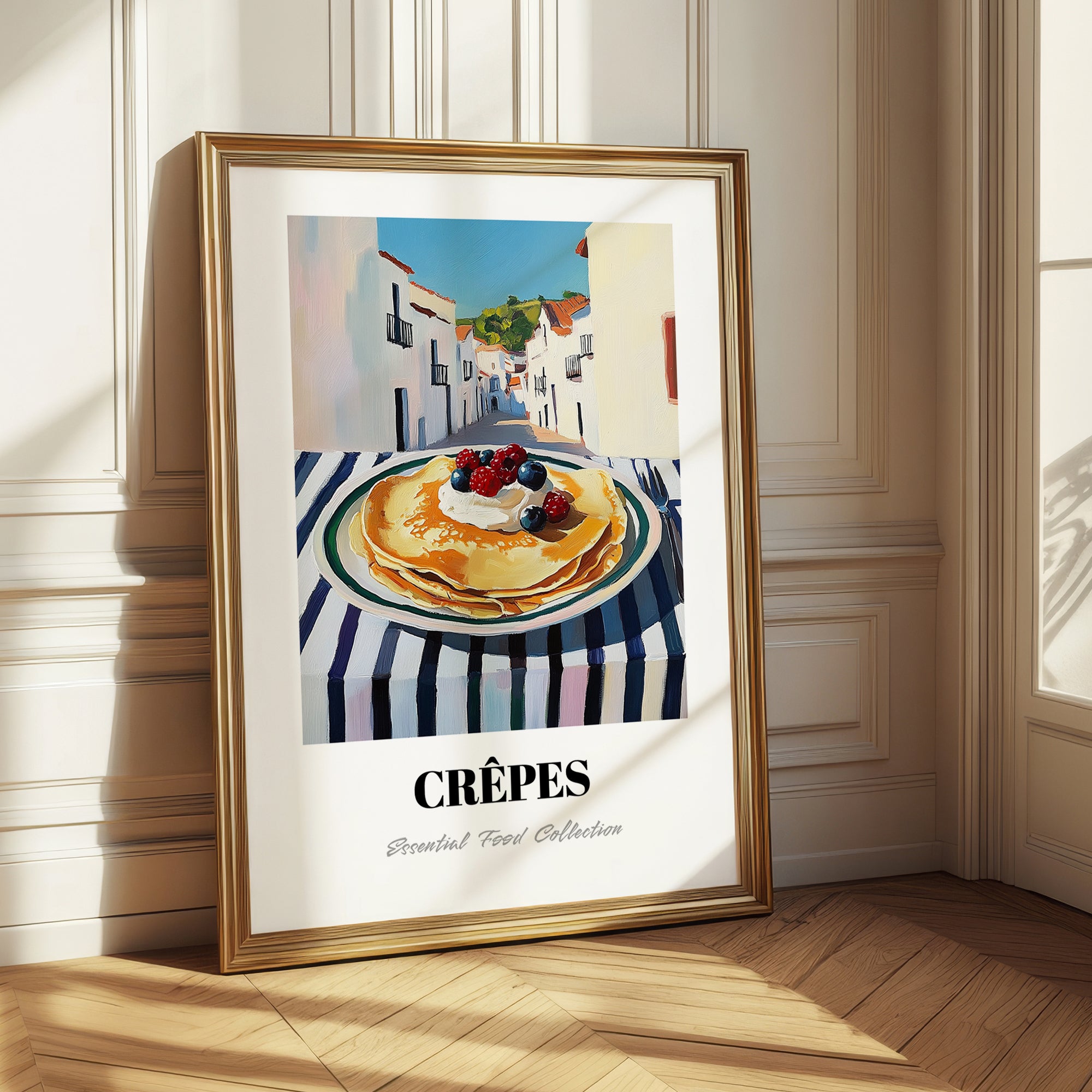Crepes – White village Urban Café Scene, French French Pastry Painting 