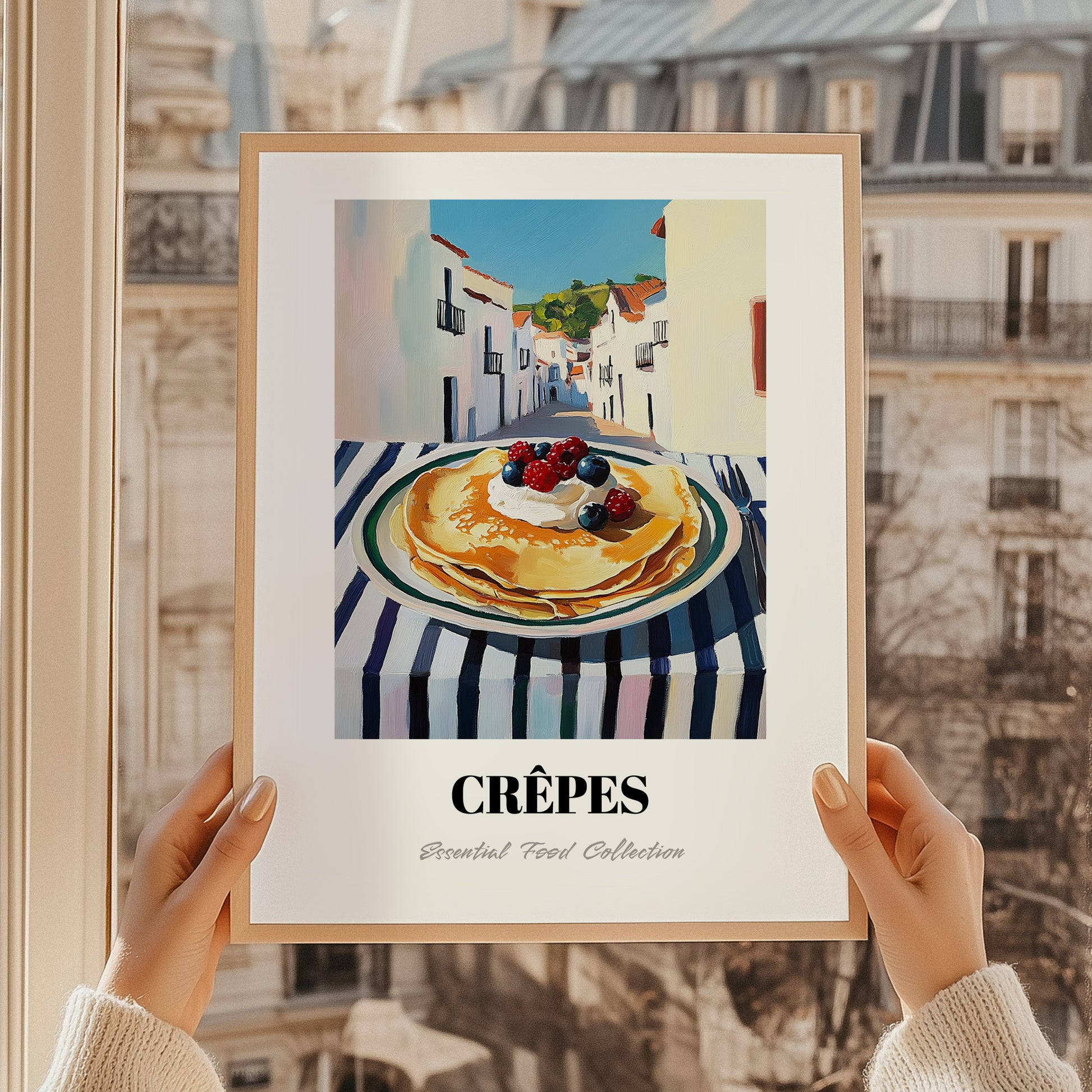 Crepes – White village Urban Café Scene, French French Pastry Painting, styled in a charming Paris street view
