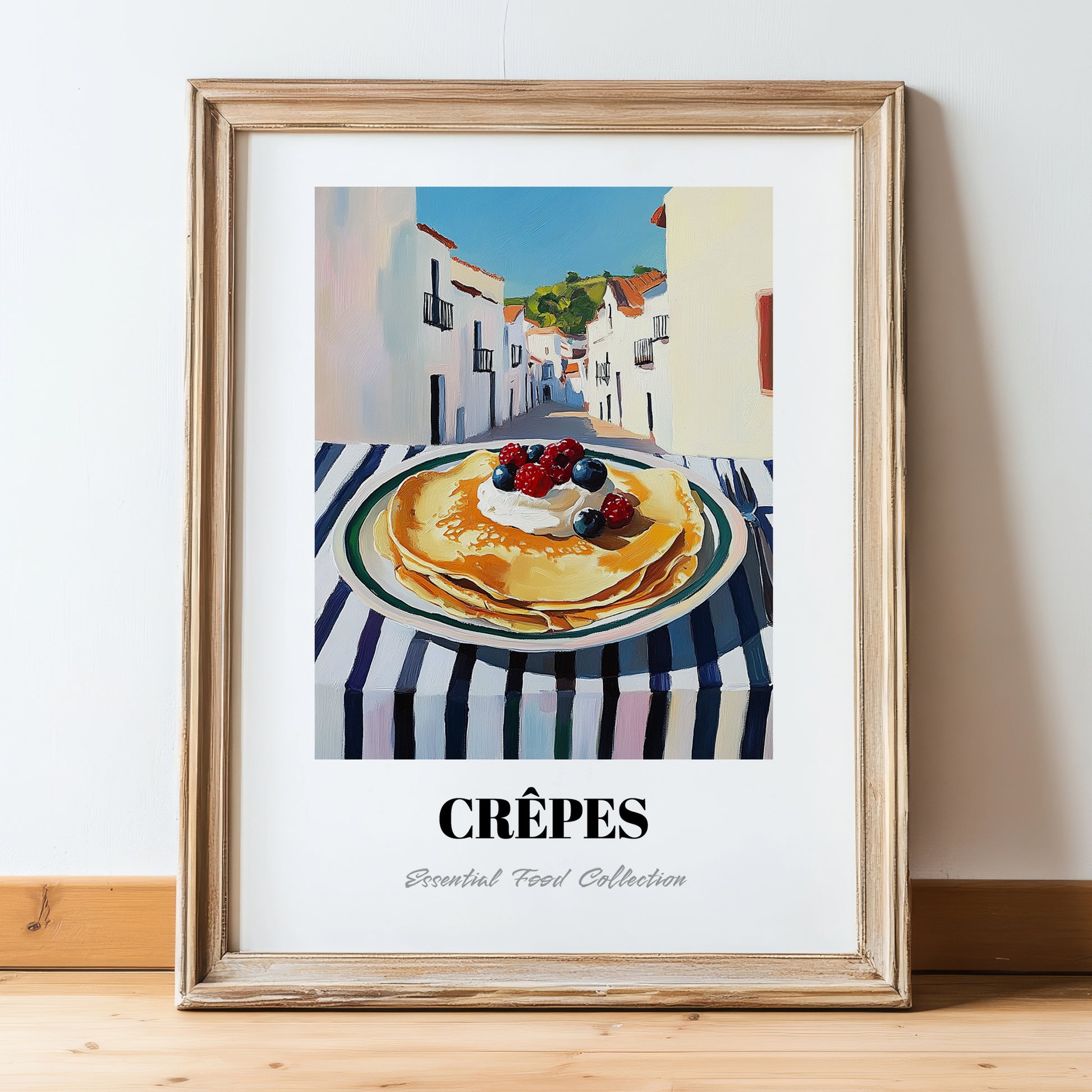 Crepes – White village Urban Café Scene, French French Pastry Painting, in wooden frame leaning on the floor