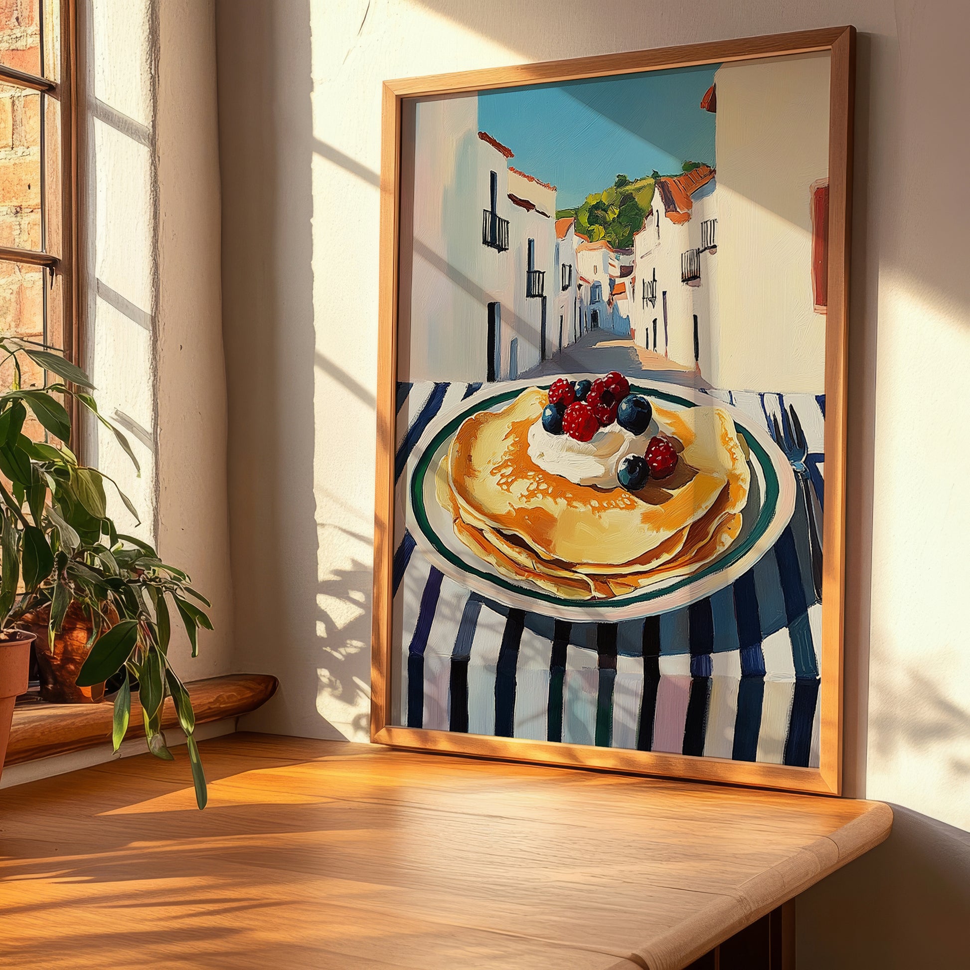 Crepes – White village Urban Café Scene, French French Pastry Painting, clean layout with no caption
