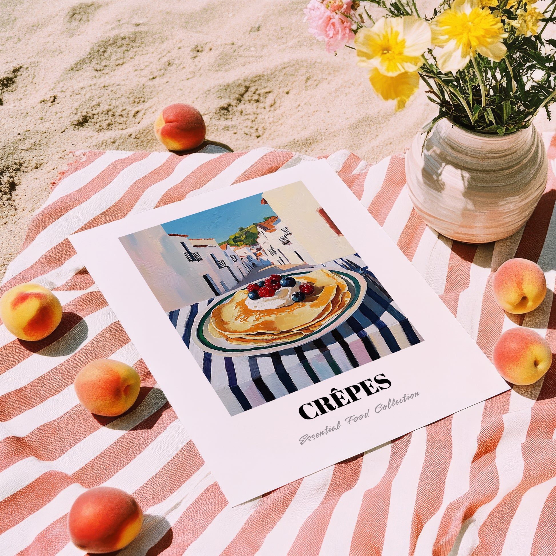 Crepes – White village Urban Café Scene, French French Pastry Painting, unframed on coastal sand