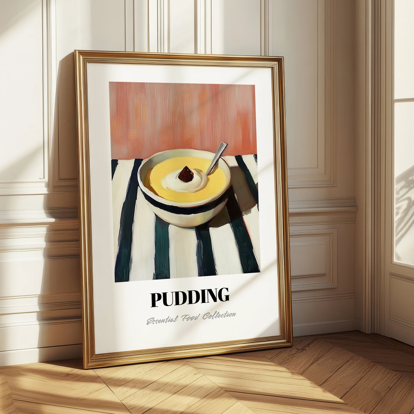 Pudding – on Striped Tablecloth, British Dessert Poster 
