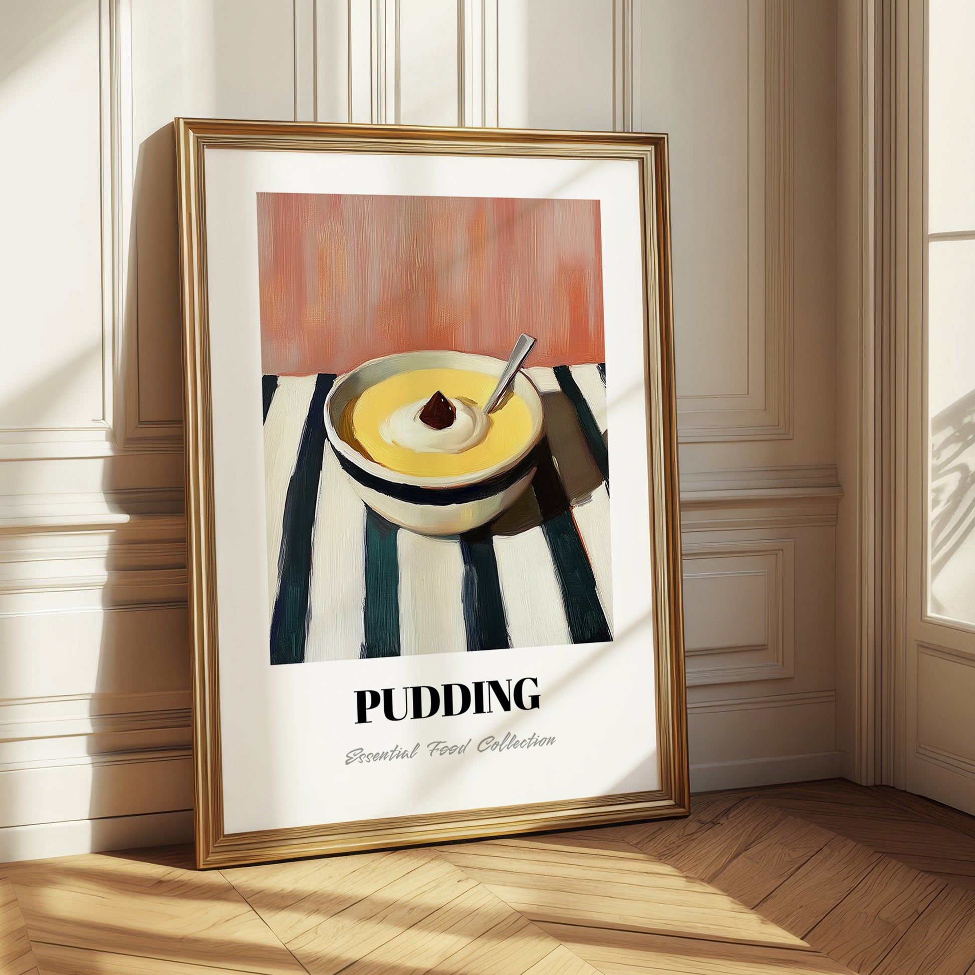 Pudding – on Striped Tablecloth, British Dessert Poster 