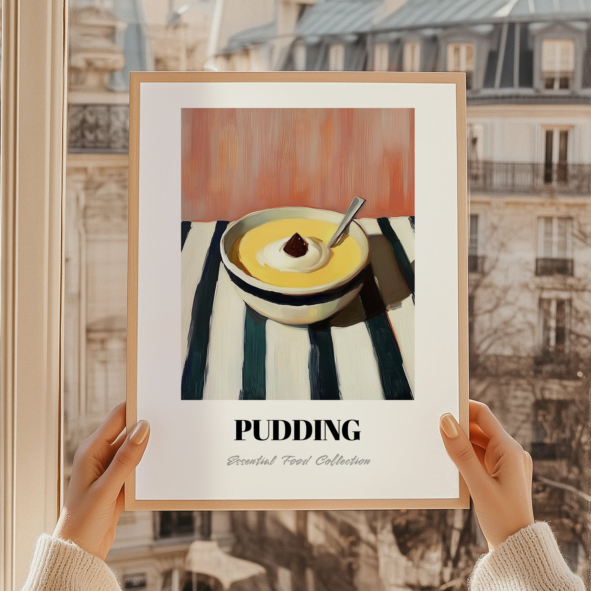 Pudding – on Striped Tablecloth, British Dessert Poster, styled in a charming Paris street view