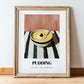 Pudding – on Striped Tablecloth, British Dessert Poster, in wooden frame leaning on the floor