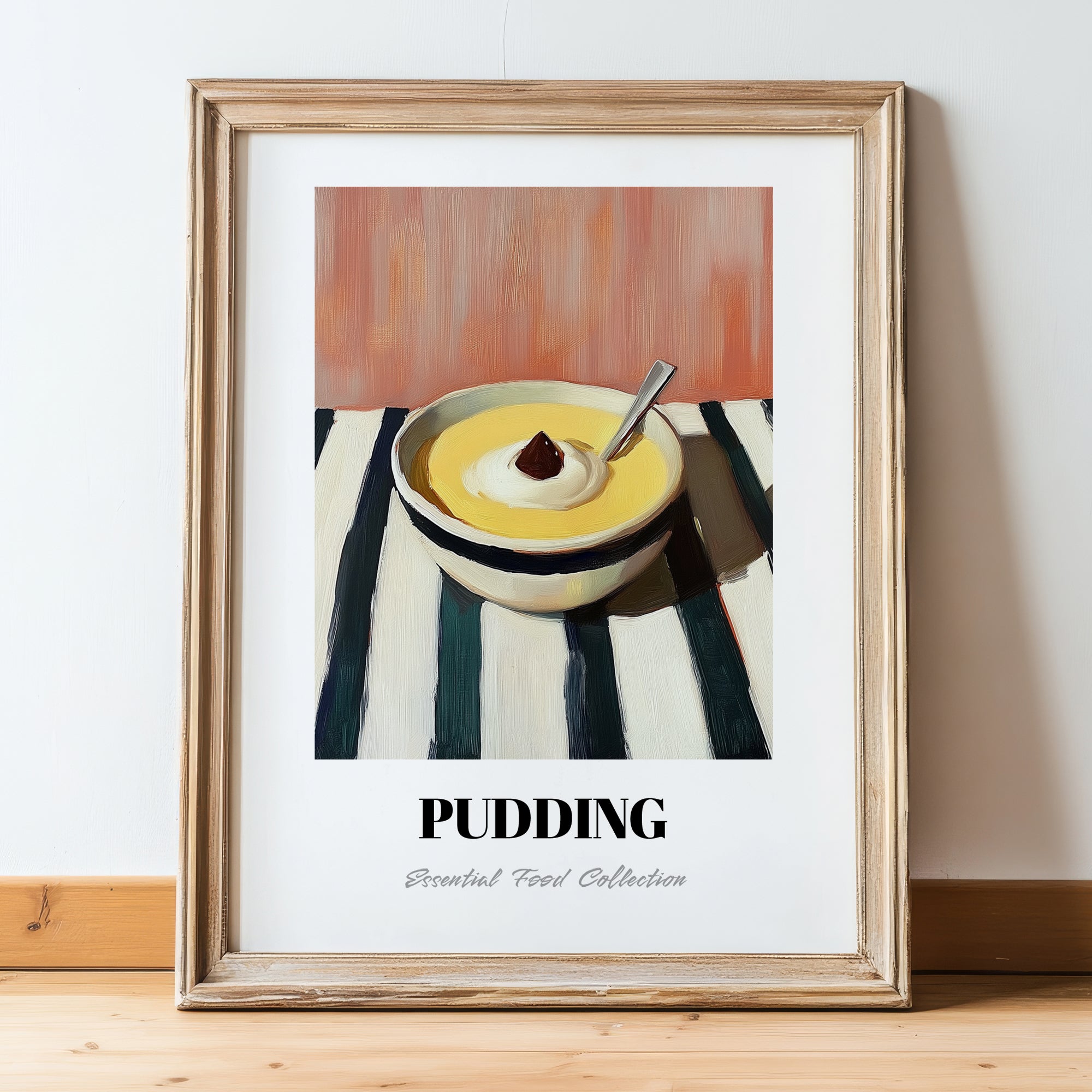 Pudding – on Striped Tablecloth, British Dessert Poster, in wooden frame leaning on the floor