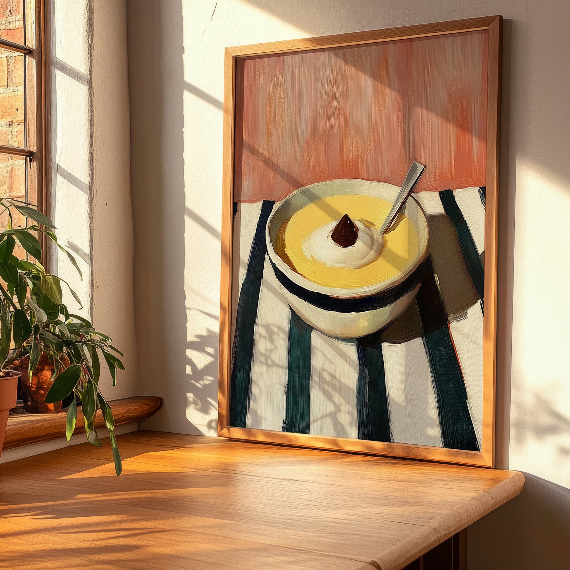 Pudding – on Striped Tablecloth, British Dessert Poster, clean layout with no caption