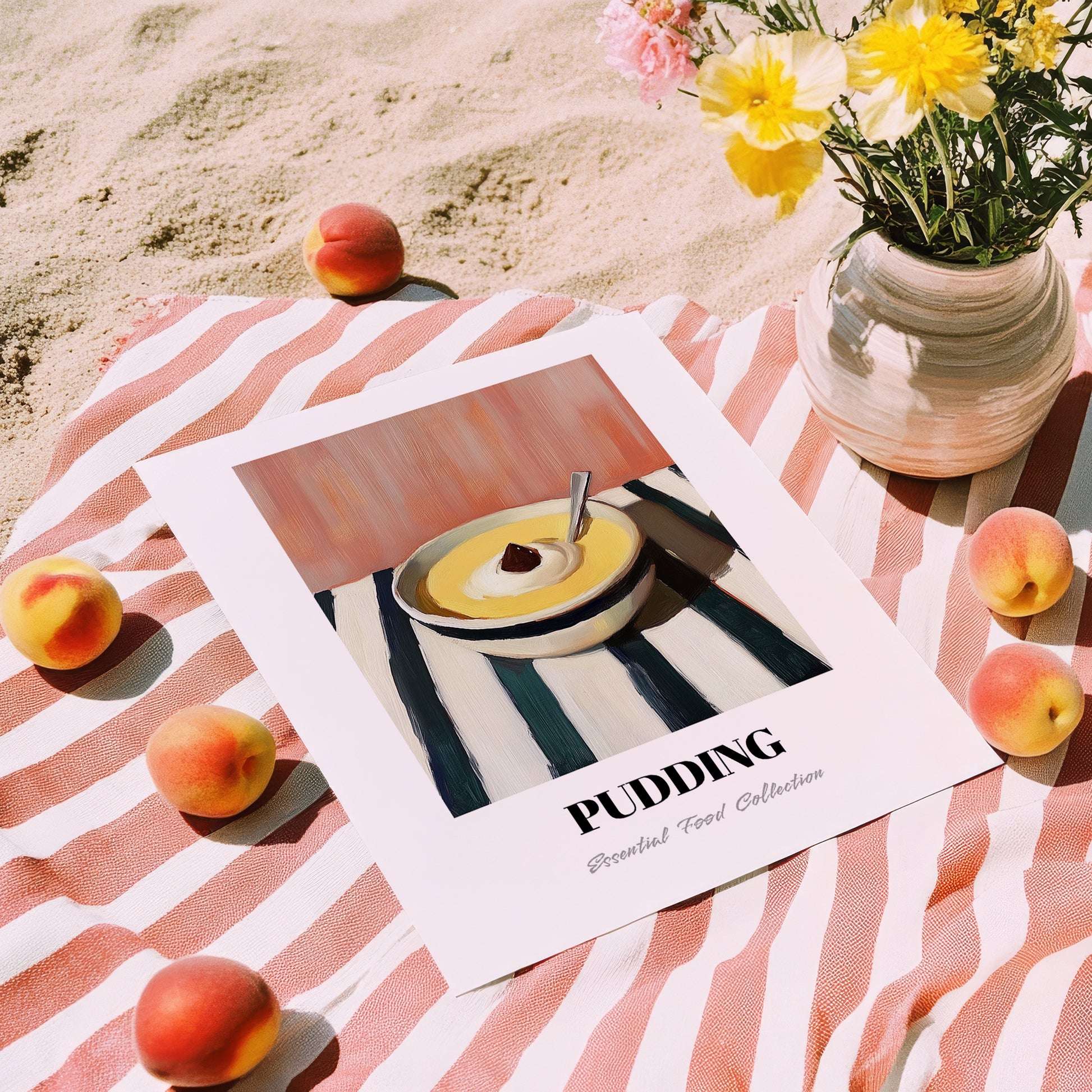 Pudding – on Striped Tablecloth, British Dessert Poster, unframed on coastal sand