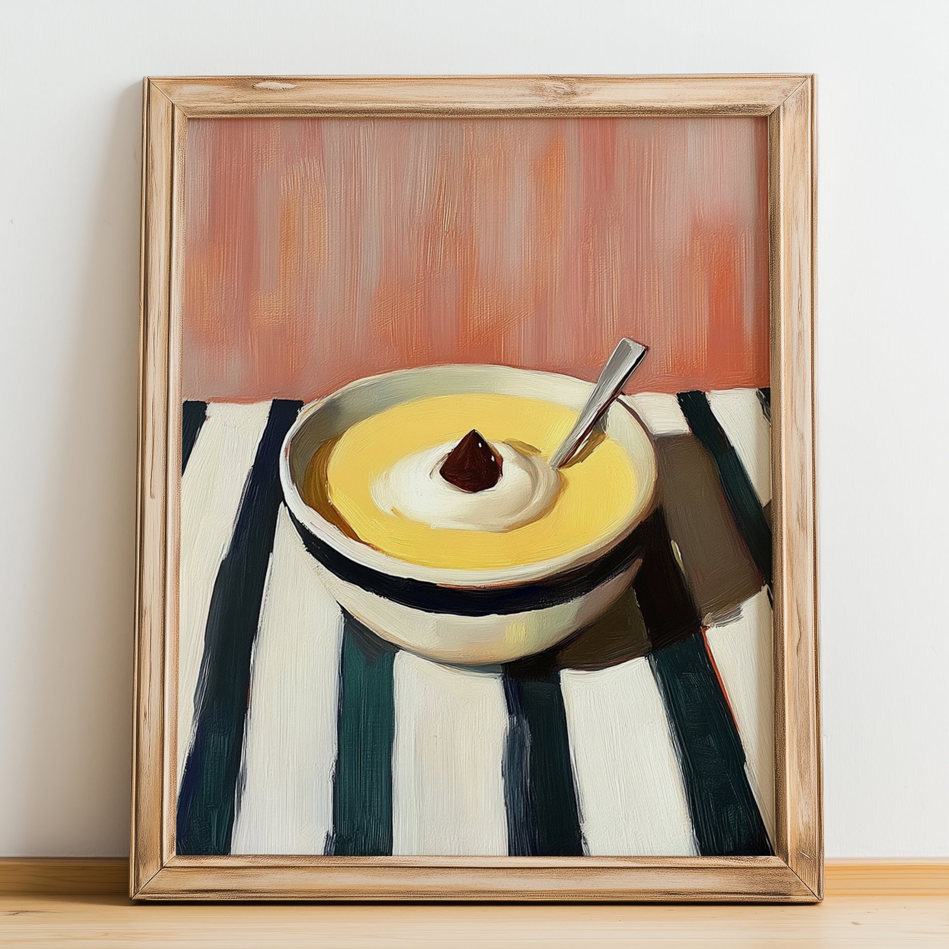 Pudding – on Striped Tablecloth, British Dessert Poster, no-text version framed in wood