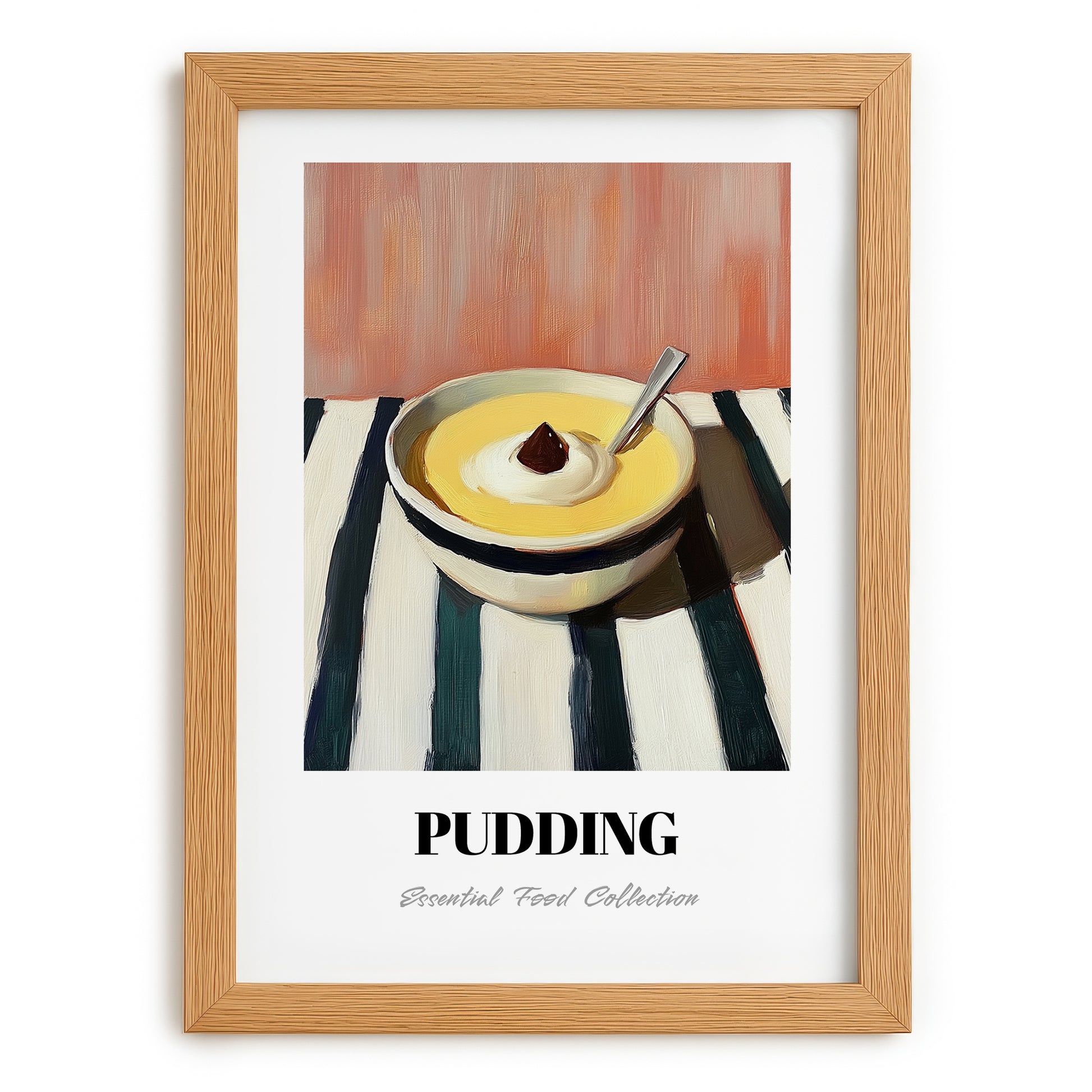 Pudding – on Striped Tablecloth, British Dessert Poster, set in oak frame
