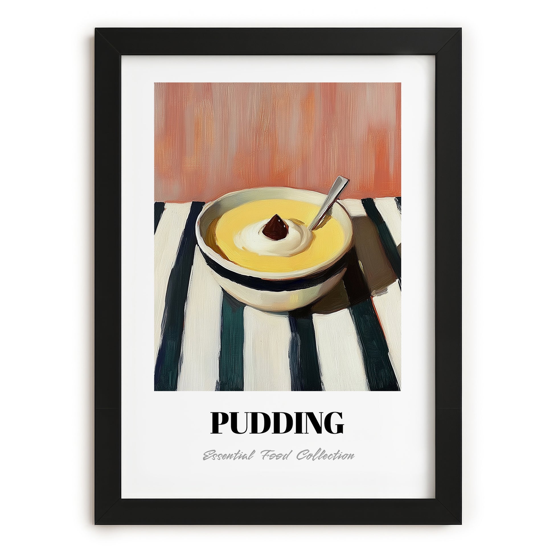 Pudding – on Striped Tablecloth, British Dessert Poster, in sleek black frame