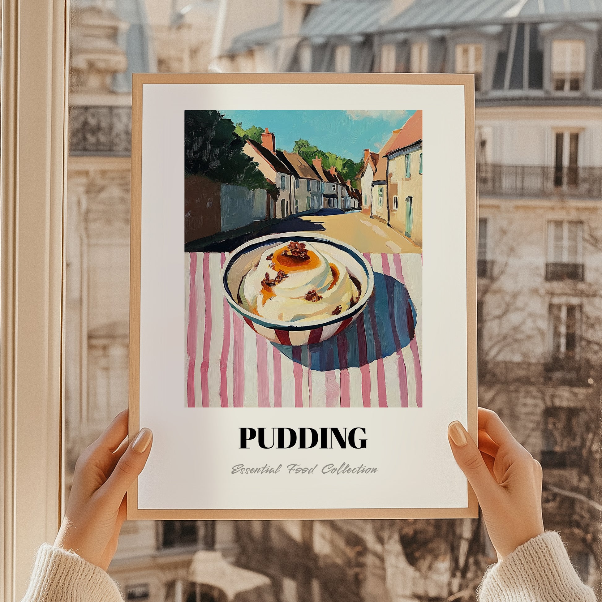 Pudding – English village Urban Café Scene, British Dessert Still Life, styled in a charming Paris street view