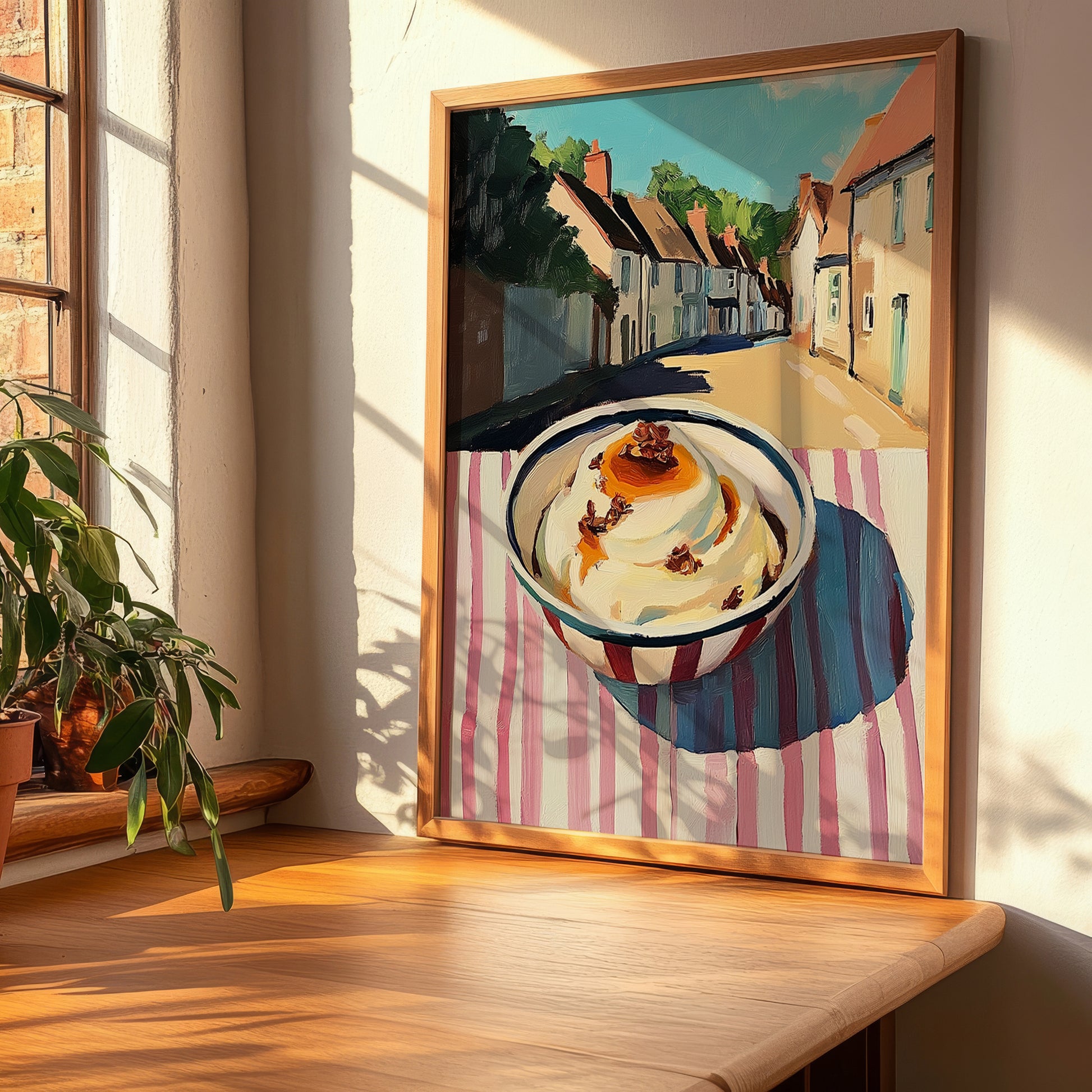 Pudding – English village Urban Café Scene, British Dessert Still Life, clean layout with no caption
