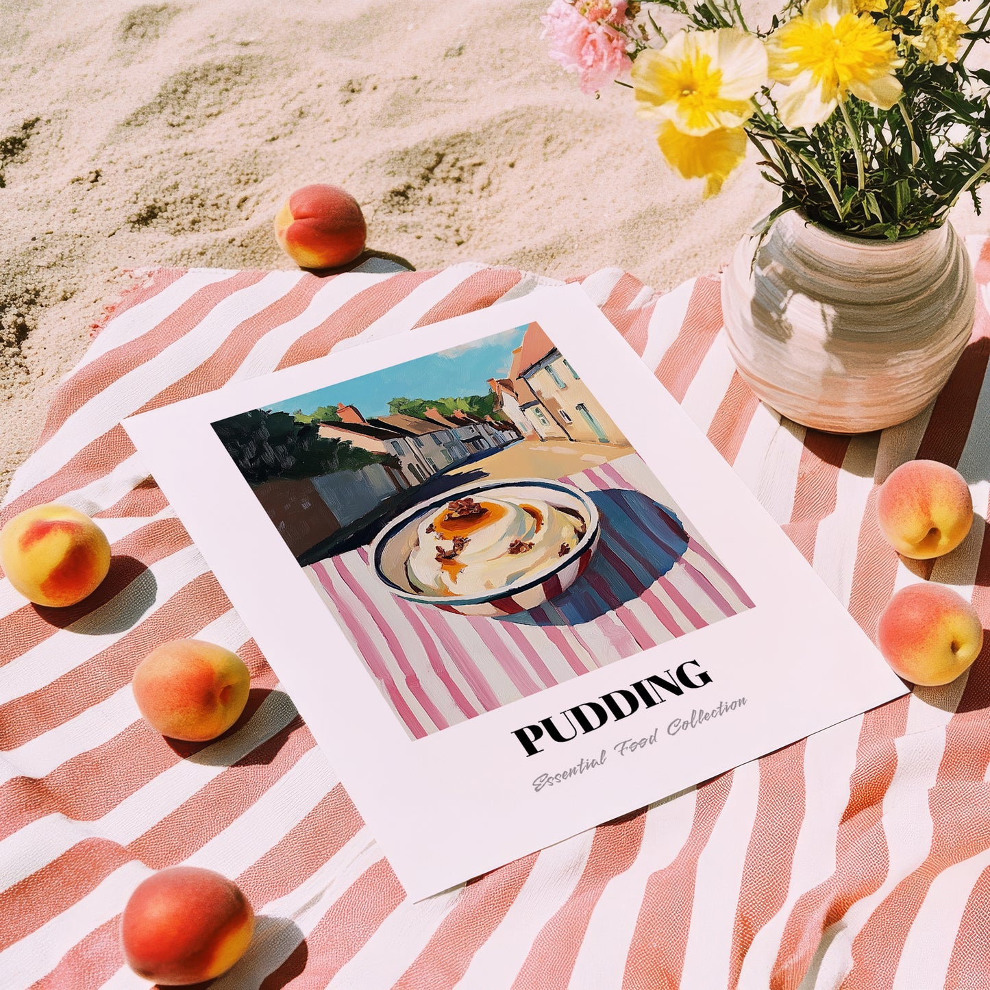 Pudding – English village Urban Café Scene, British Dessert Still Life, unframed on coastal sand