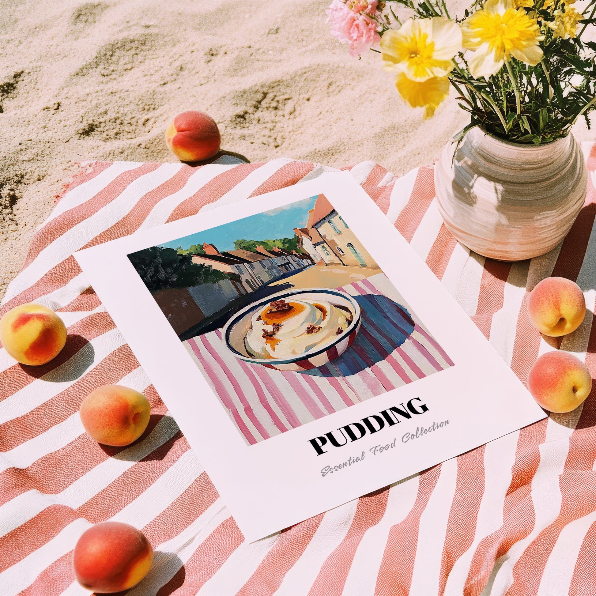 Pudding – English village Urban Café Scene, British Dessert Still Life, unframed on coastal sand