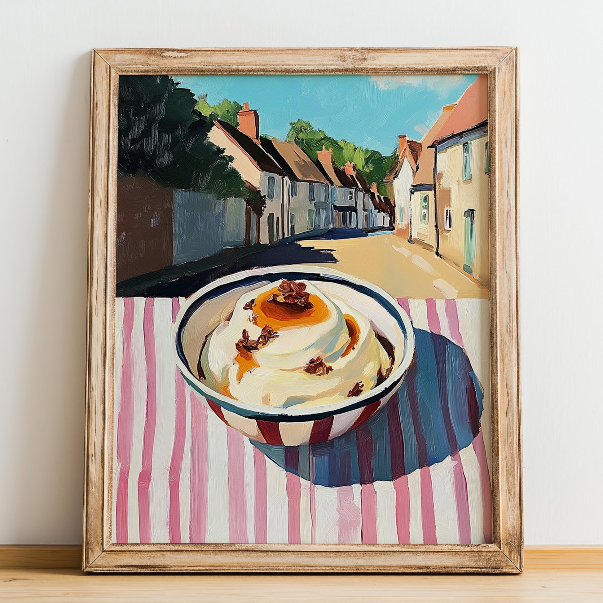Pudding – English village Urban Café Scene, British Dessert Still Life, no-text version framed in wood