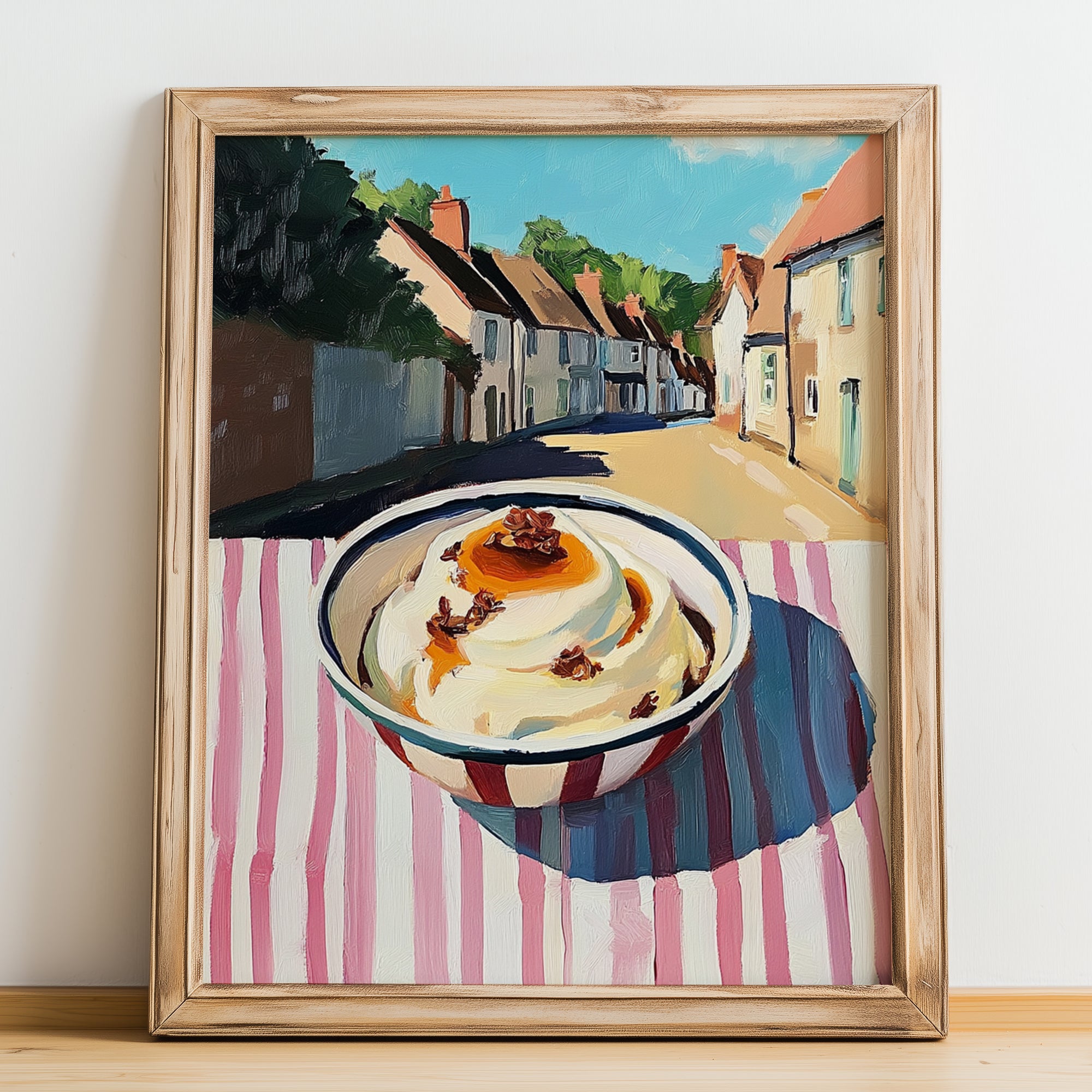 Pudding – English village Urban Café Scene, British Dessert Still Life, no-text version framed in wood