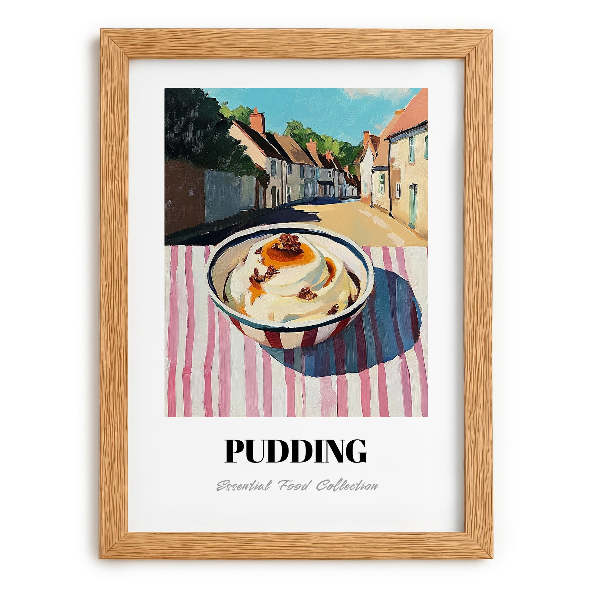 Pudding – English village Urban Café Scene, British Dessert Still Life, set in oak frame