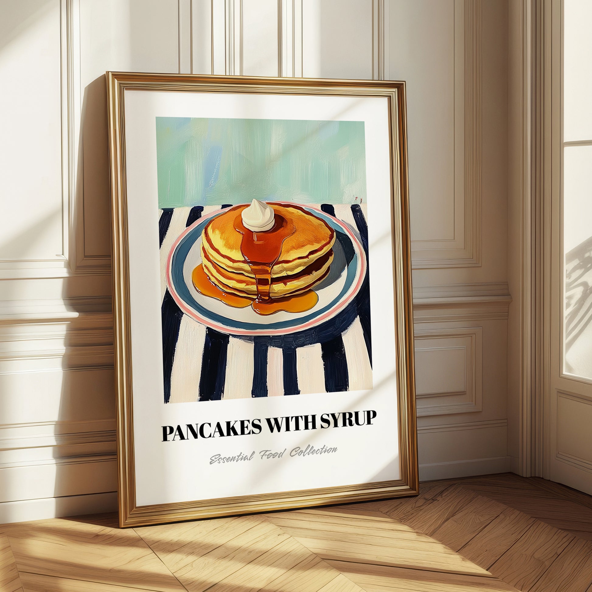 Pancakes With Syrup – on Striped Tablecloth, American Pastry Wall Decor 
