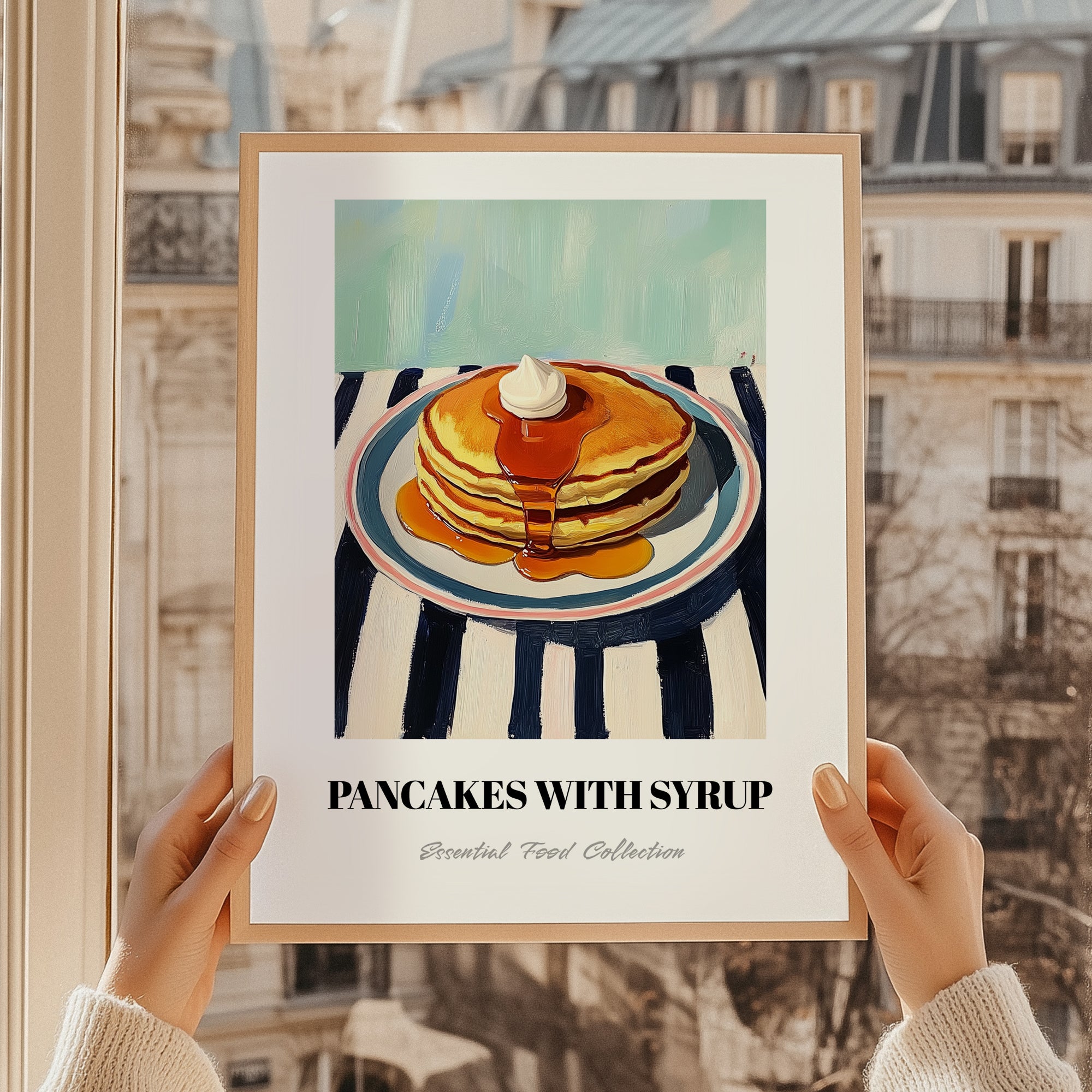 Pancakes With Syrup – on Striped Tablecloth, American Pastry Wall Decor, styled in a charming Paris street view