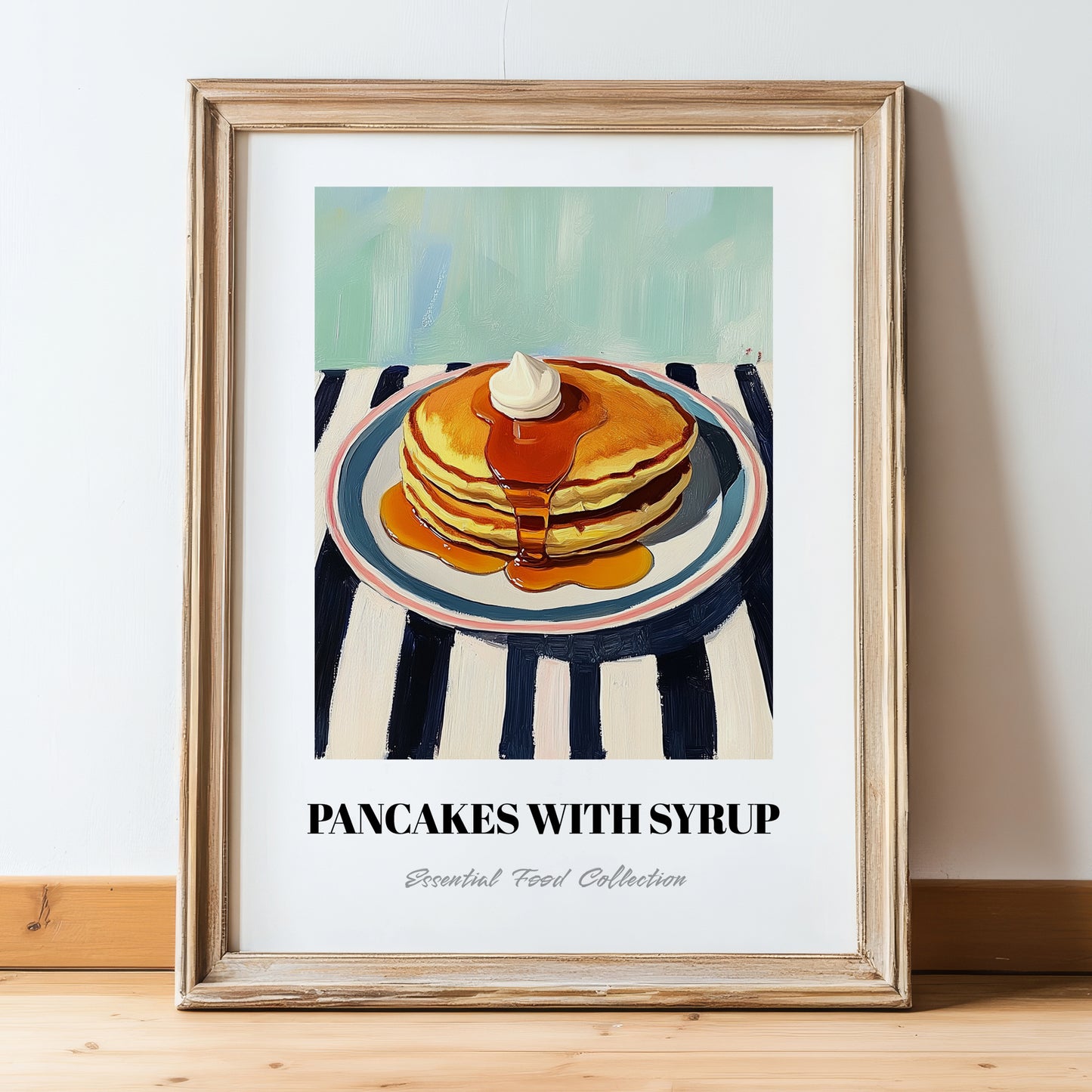 Pancakes With Syrup – on Striped Tablecloth, American Pastry Wall Decor, in wooden frame leaning on the floor